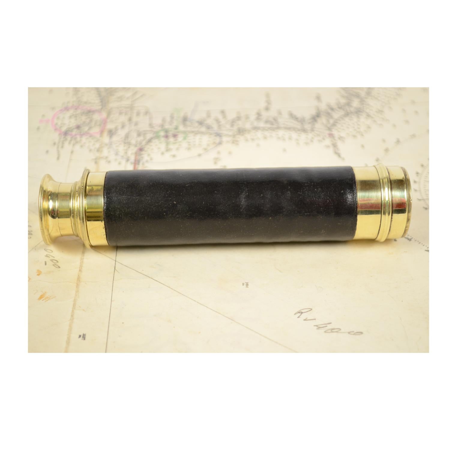 Small Brass Telescope with Black Leather Covered Handle France, 1870 1
