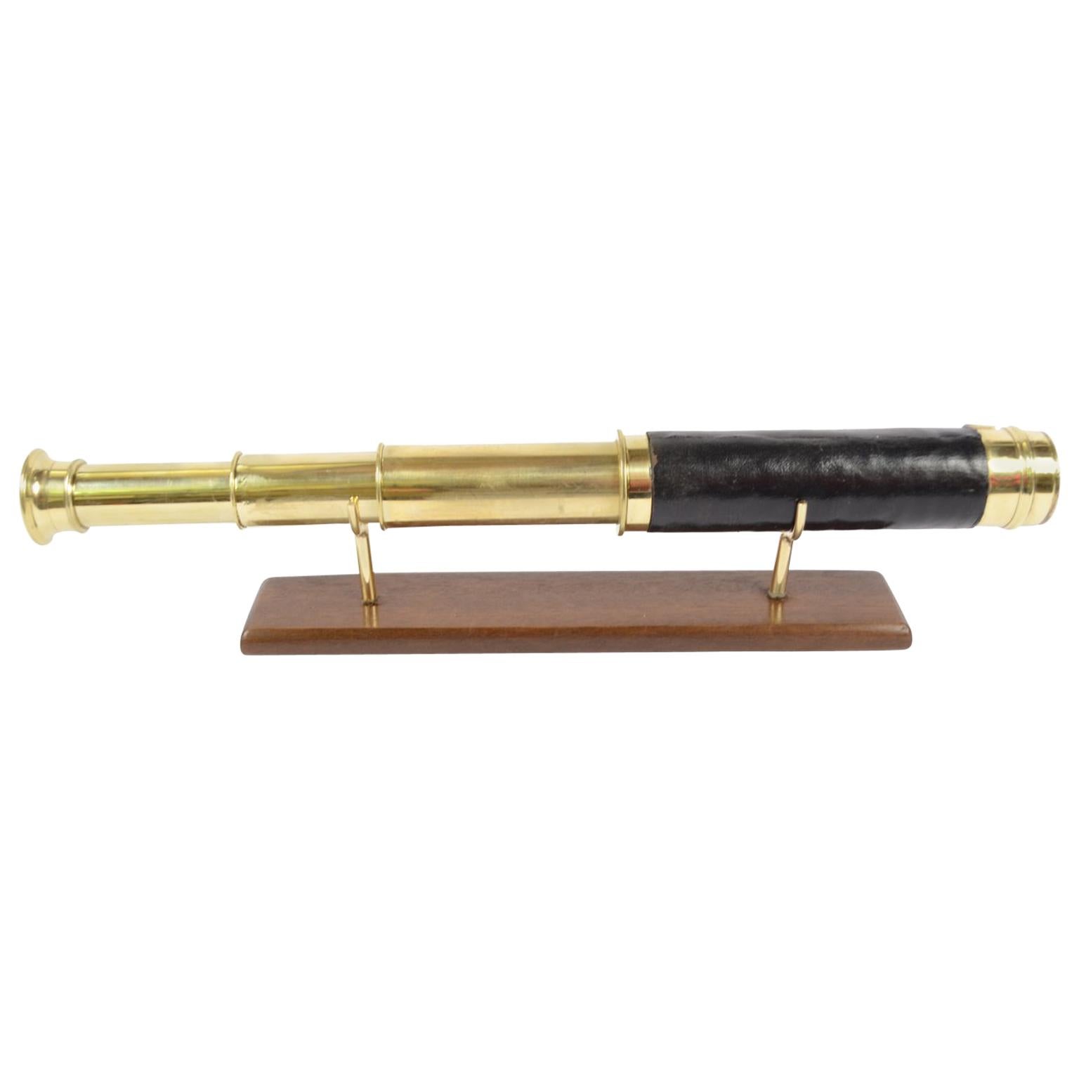 Small Brass Telescope with Black Leather Covered Handle France, 1870