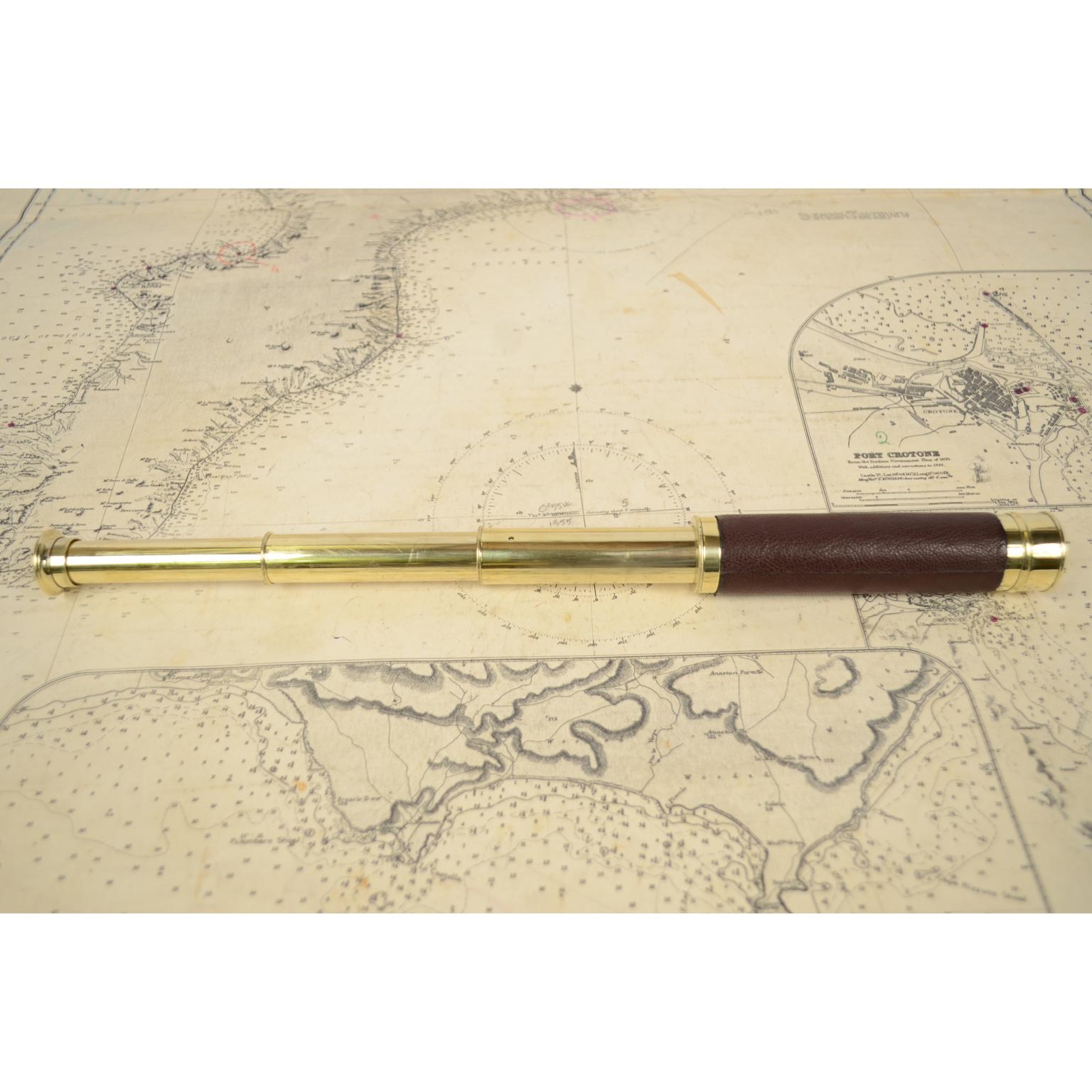 French Small Brass Telescope with Leather-Covered Handle