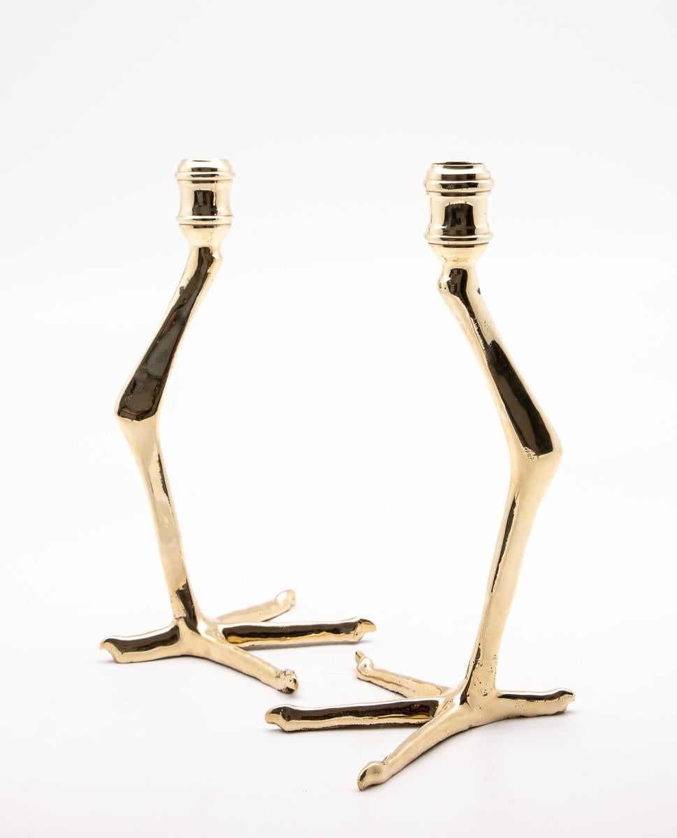 Contemporary Pair of Small Brass Tingis Birdfoot Candlestick