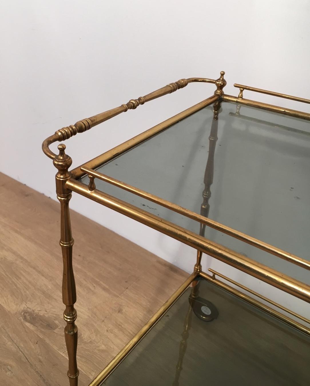French Small Brass Trolley with Tainted Glass, circa 1940 For Sale