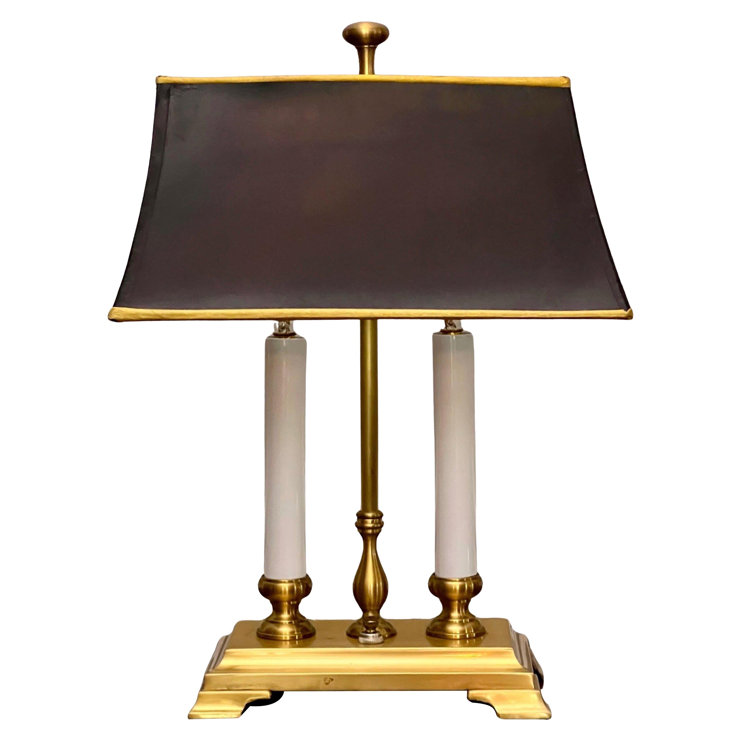 Small Brass Twin Candle Bouillotte Style Lamp with Black Parchment Shade