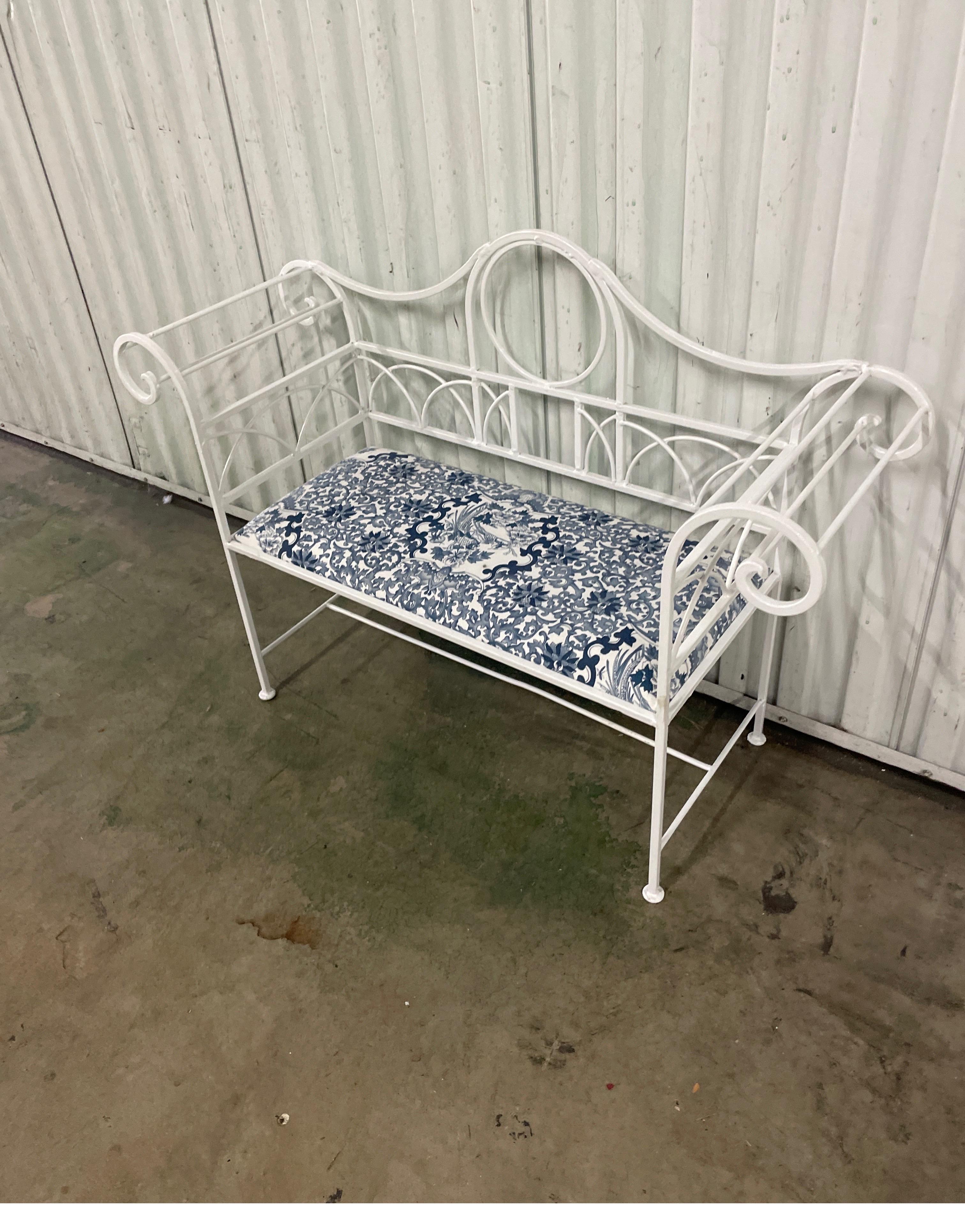 Charming Miniature Brighton Pavillion style settee. This piece is finished in gloss white with a Ralph Lauren upholstered seat cushion in a chinoiserie blue & white print. Lovely for a child or your favorite pet.