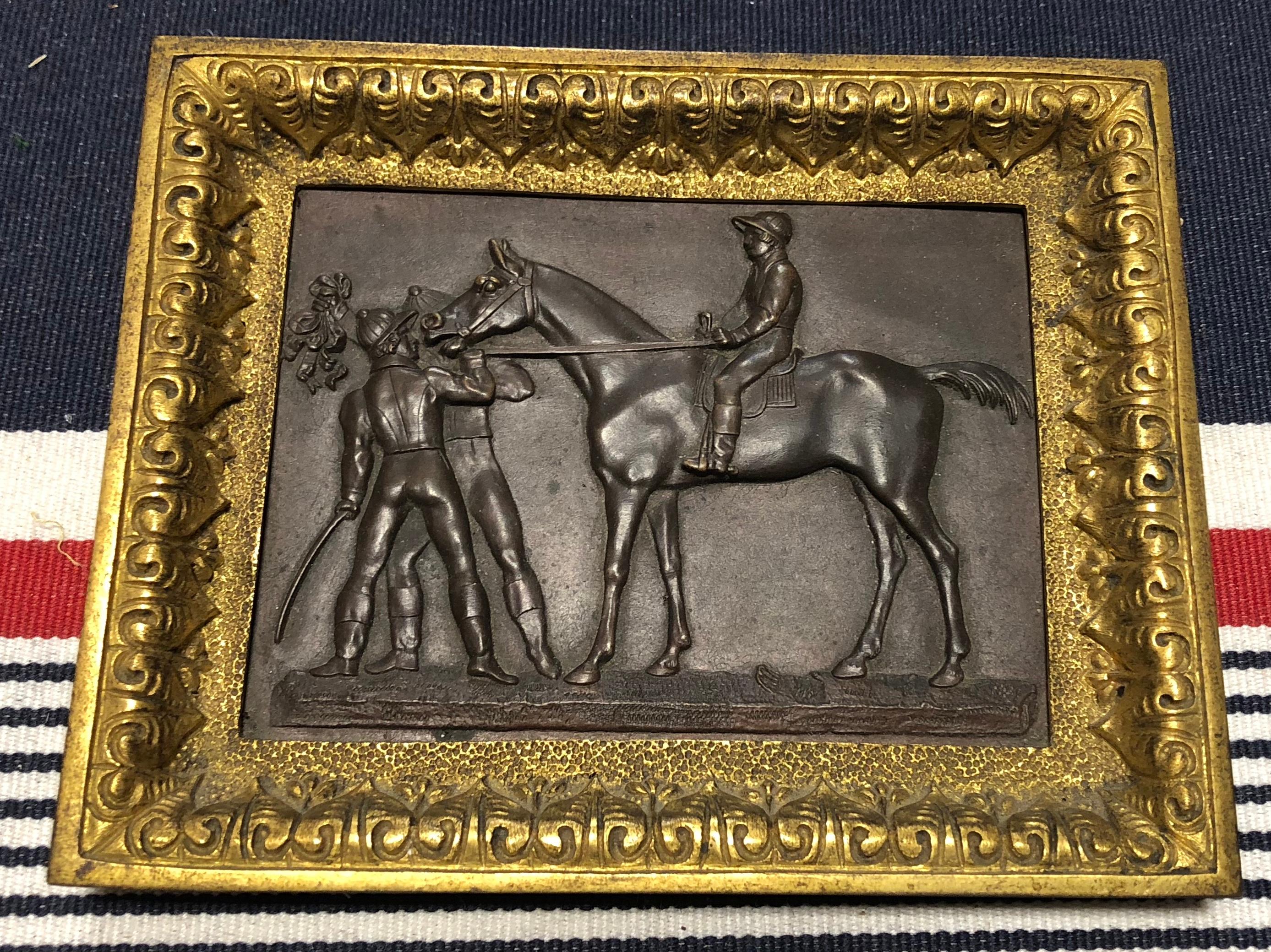 Cast Small Bronze and Brass Racehorse Plaque, French 19th C.