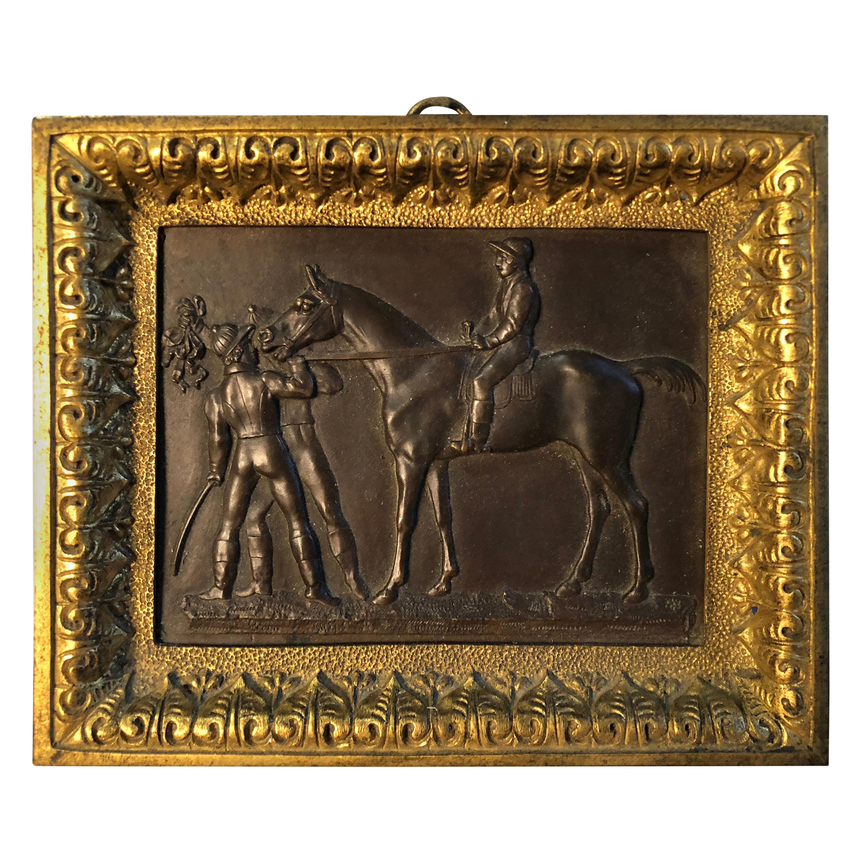 Small Bronze and Brass Racehorse Plaque, French 19th C.