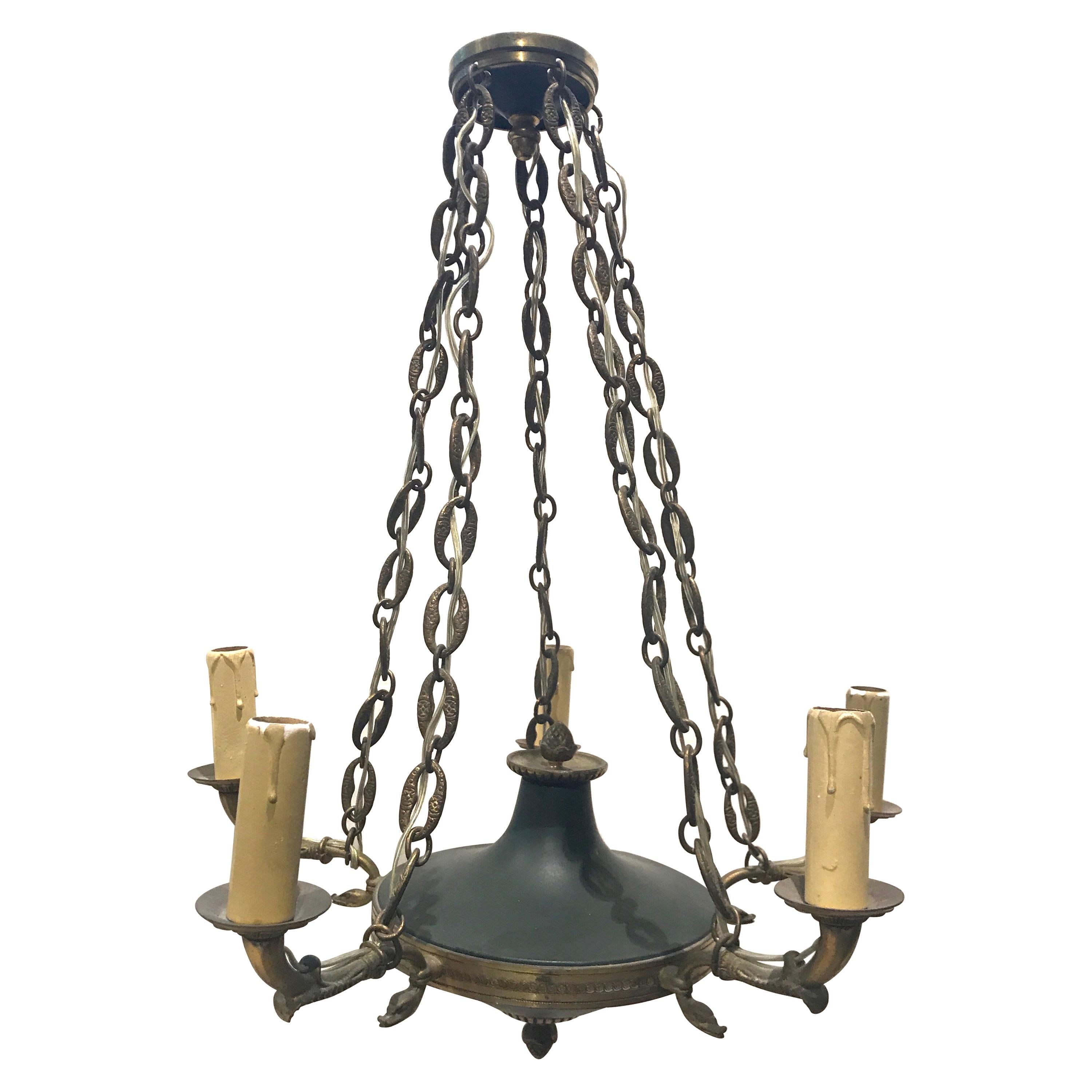 Small Bronze and Enamelled Empire Chandelier with Swan Heads For Sale