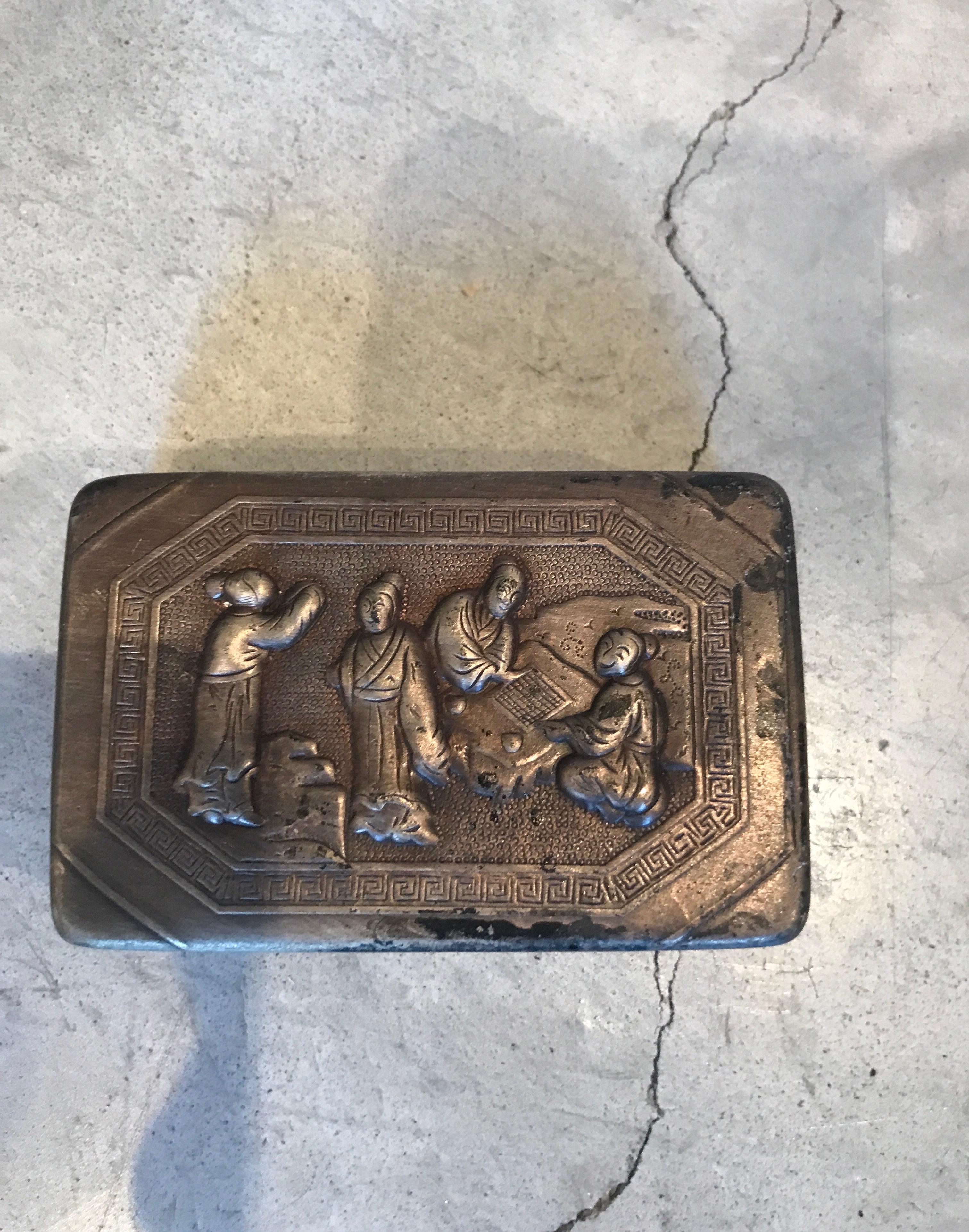 Small Bronze Antique Chinese Repousse Ink Box For Sale 6