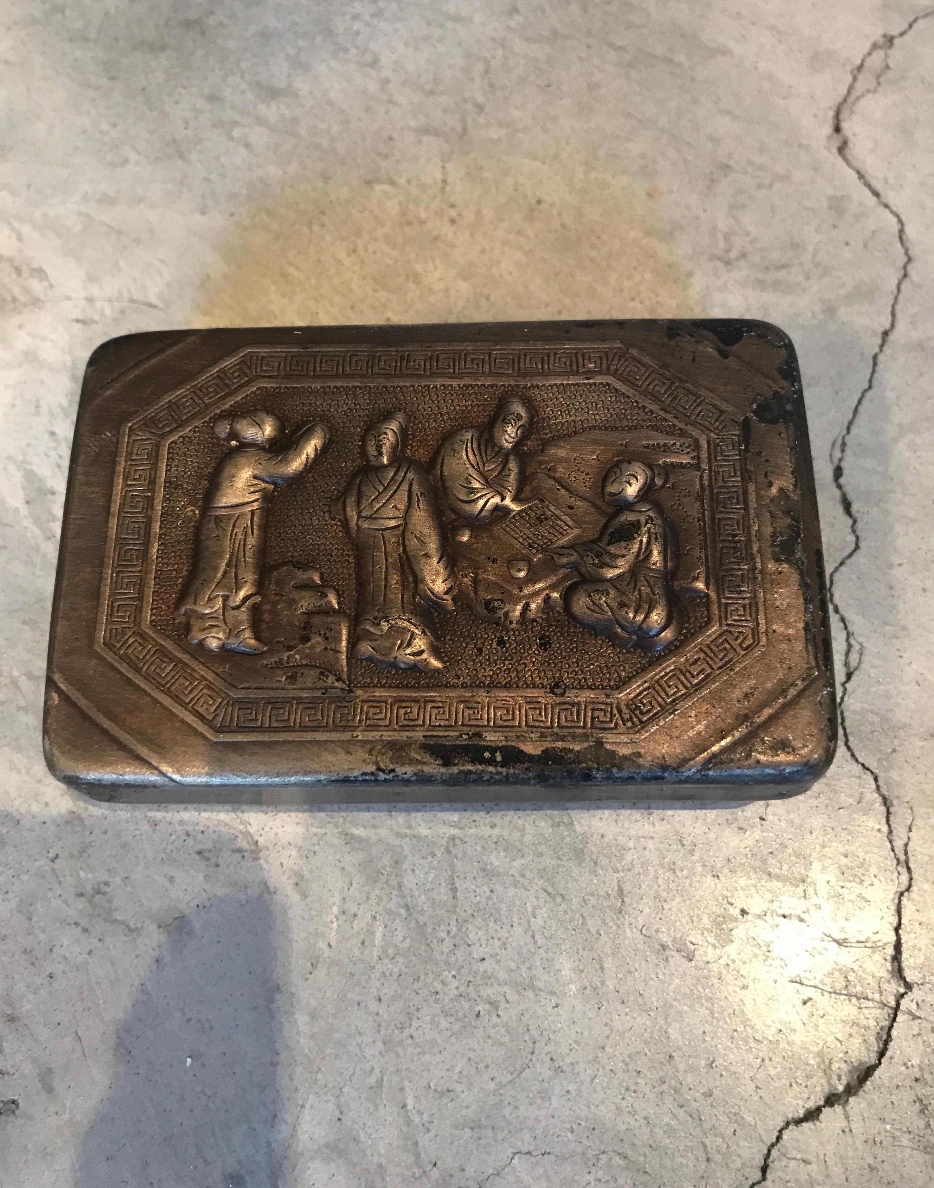 Small Bronze Antique Chinese Repousse Ink Box For Sale 9