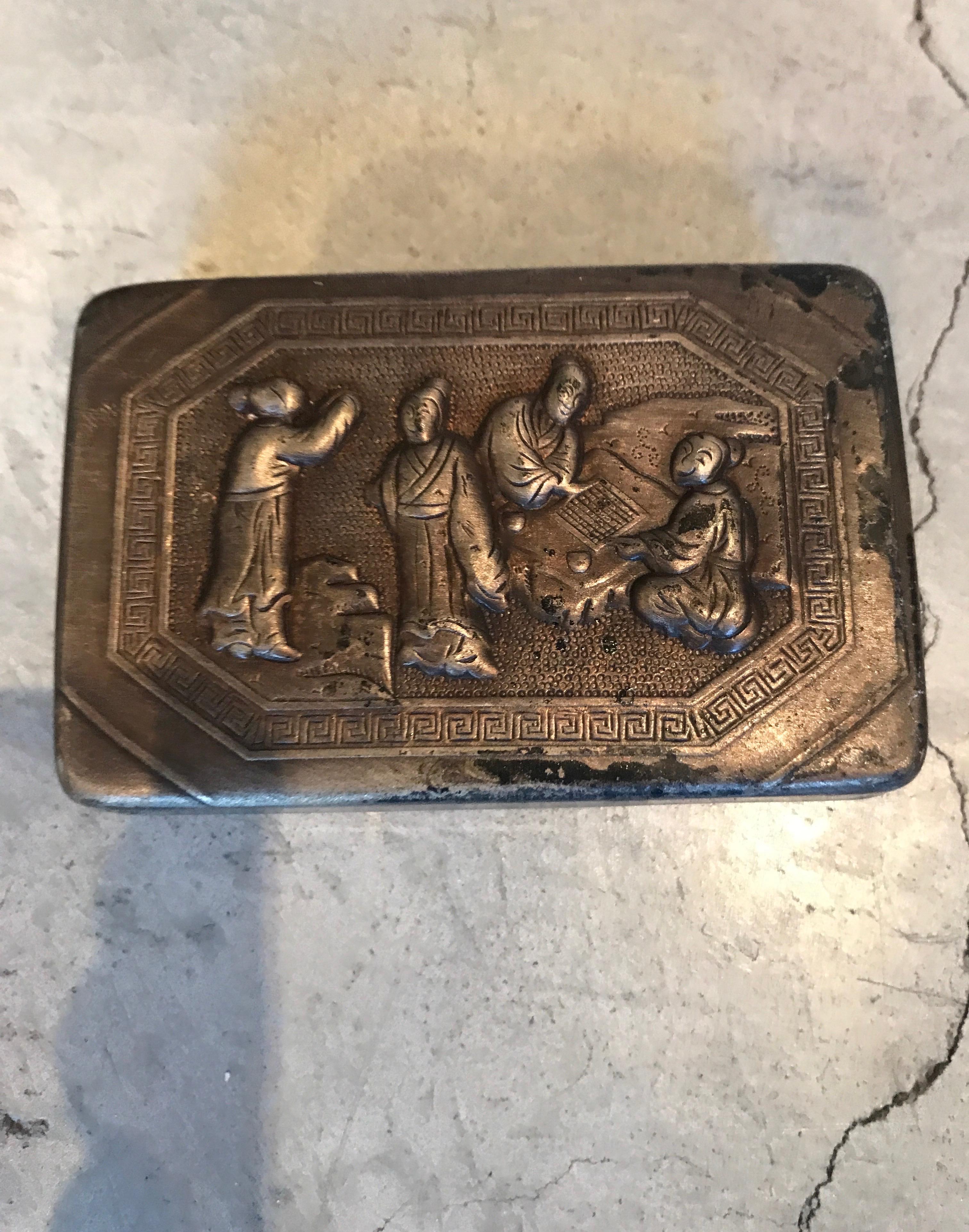 Small Bronze Antique Chinese Repousse Ink Box For Sale 10