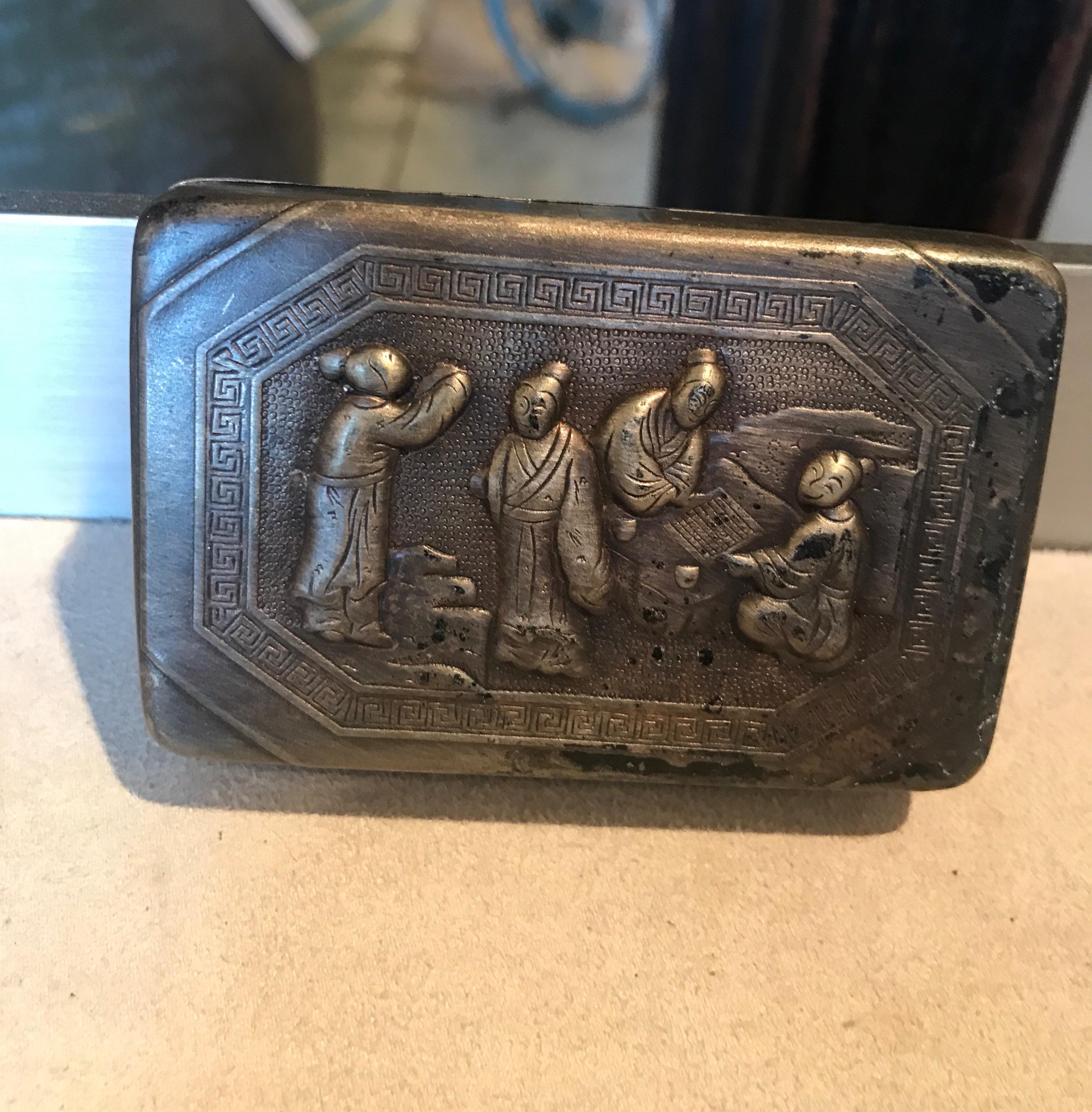 Small Bronze Antique Chinese Repousse Ink Box For Sale 11
