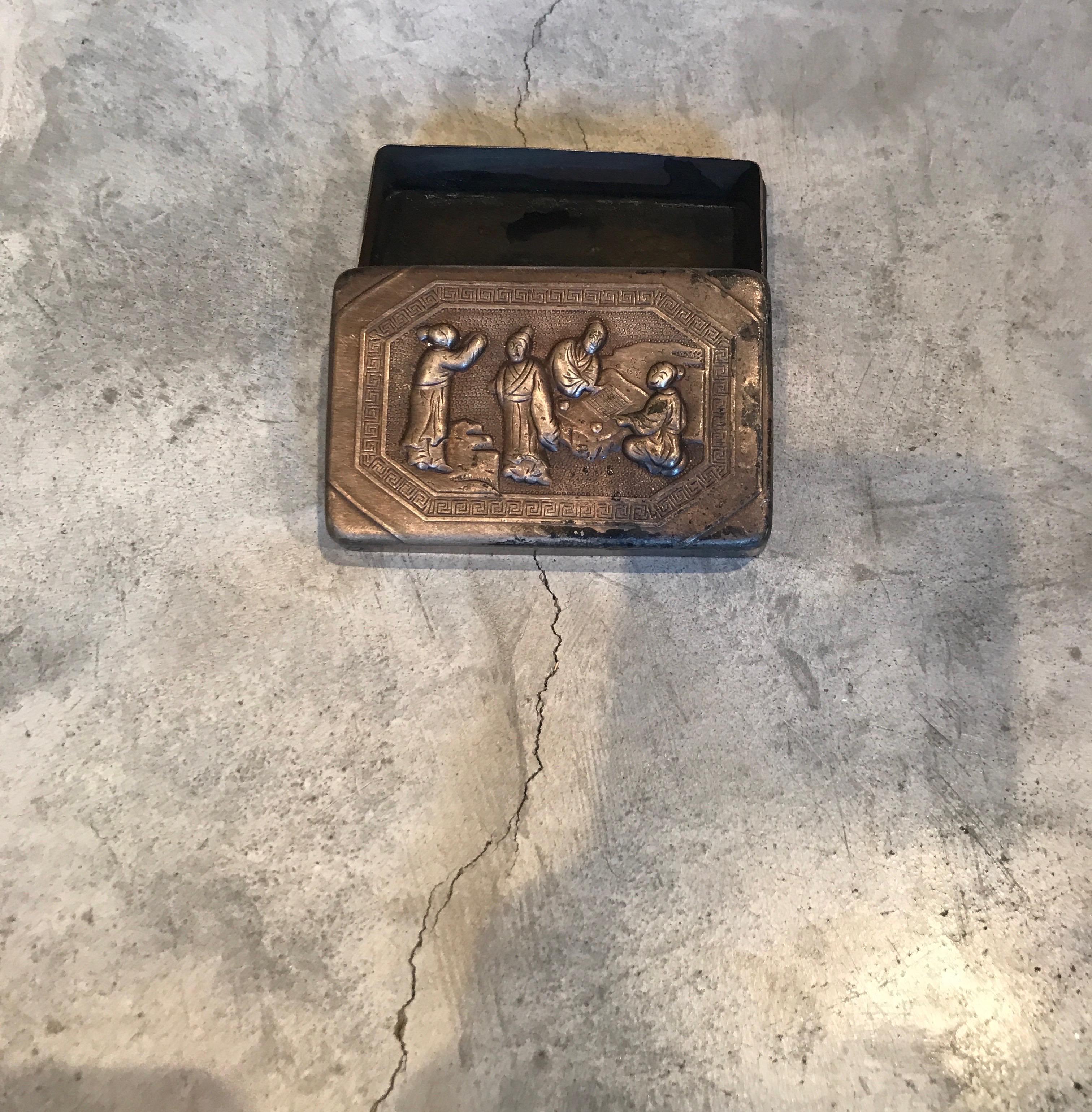 19th Century Small Bronze Antique Chinese Repousse Ink Box For Sale