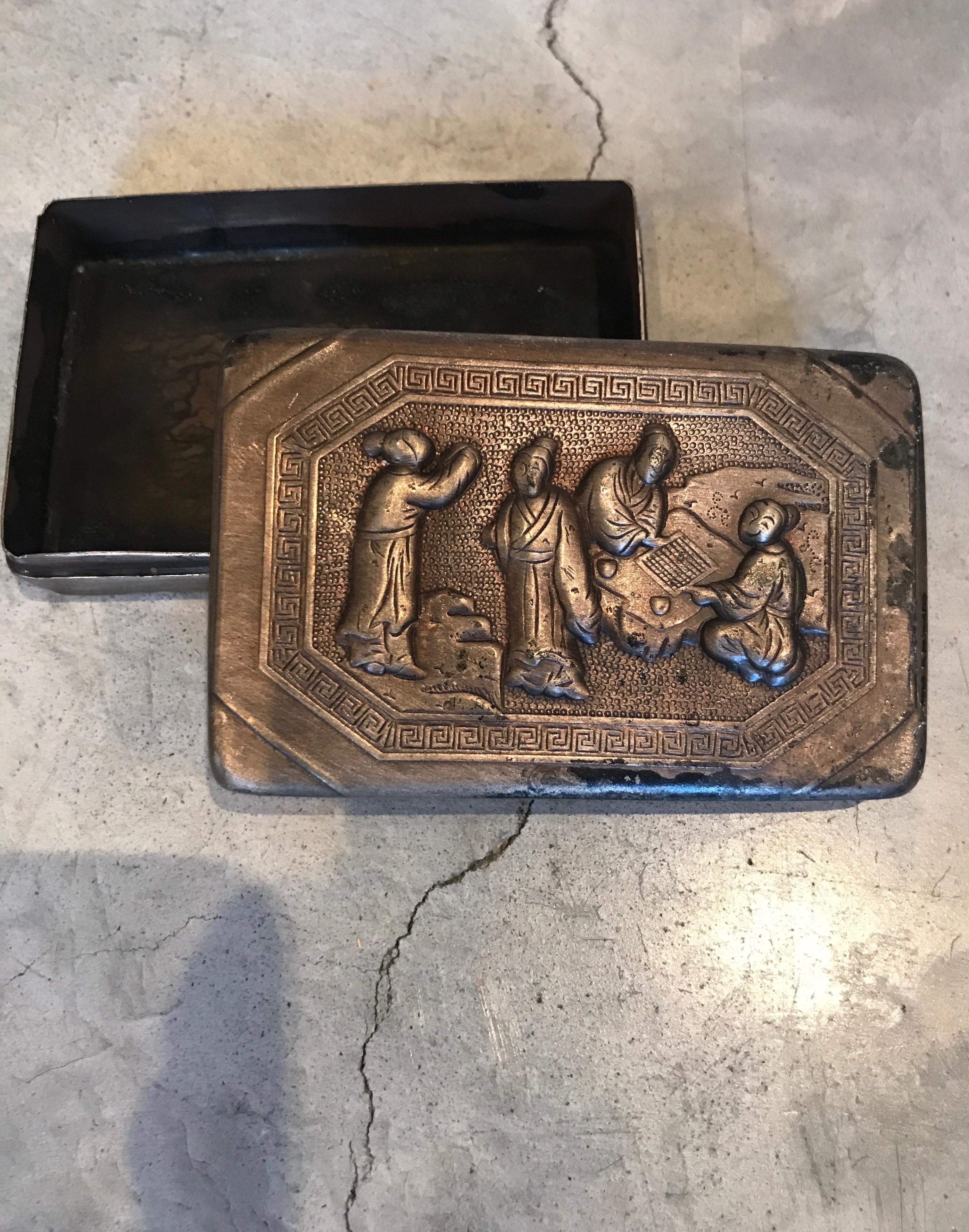 Small Bronze Antique Chinese Repousse Ink Box For Sale 3