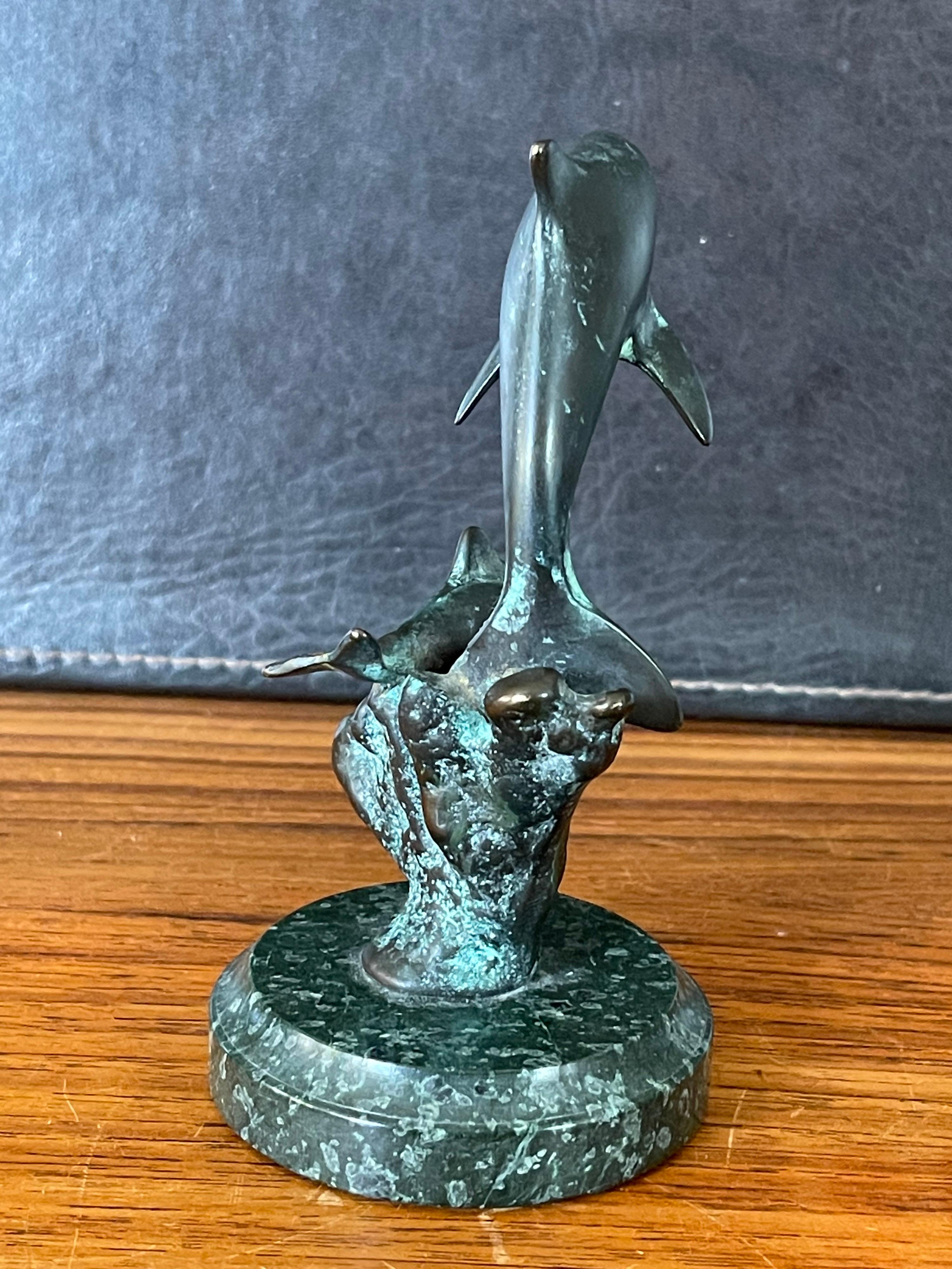 Japanese Small Bronze Dolphins Sculpture on Marble Base For Sale