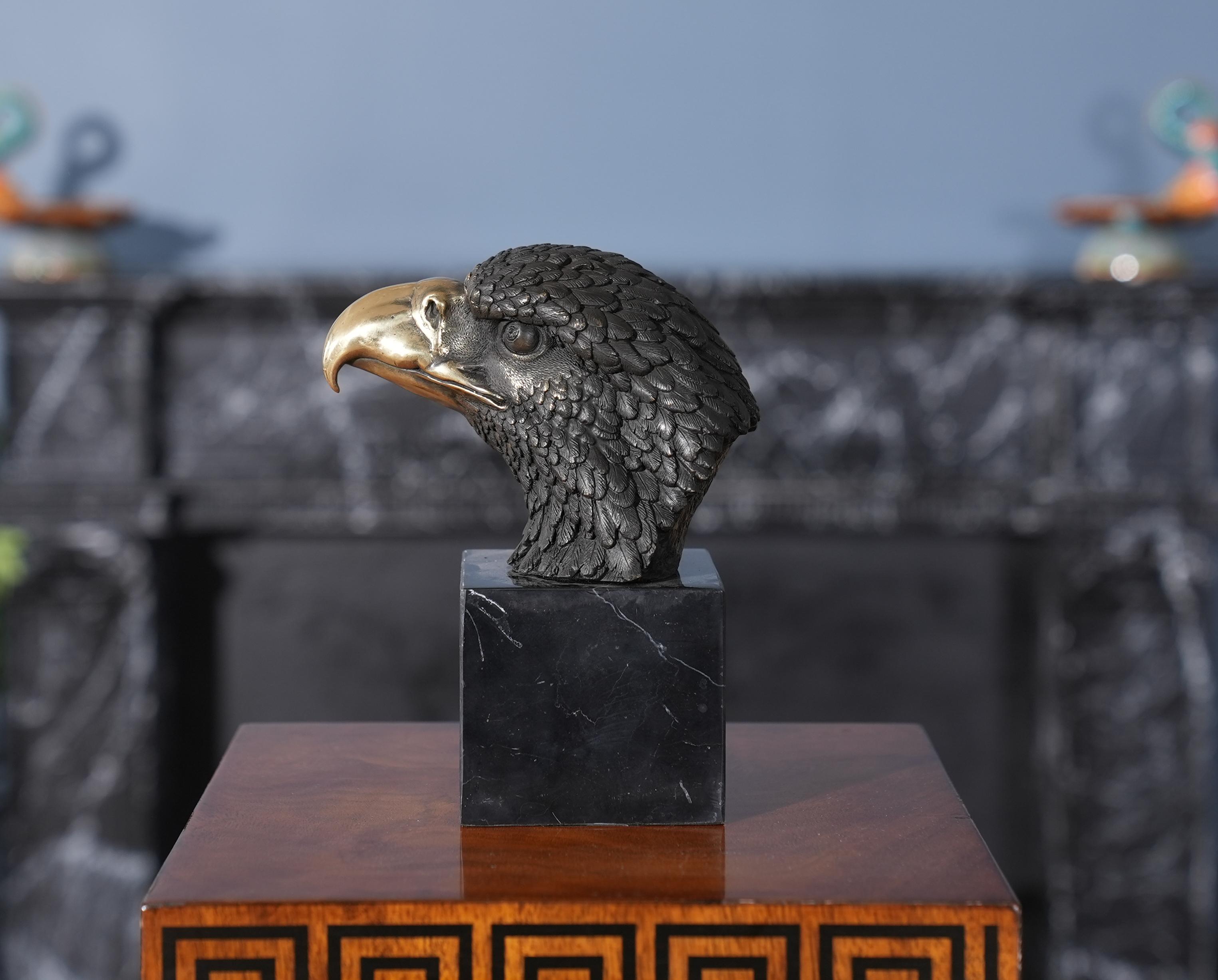 Graceful even when standing still the Small Bronze Eagle Bust on Marble Base is a striking addition to any setting. Using traditional lost wax casting methods the Eagle Bust is created in pieces and then joined together with brazing and hand chaised