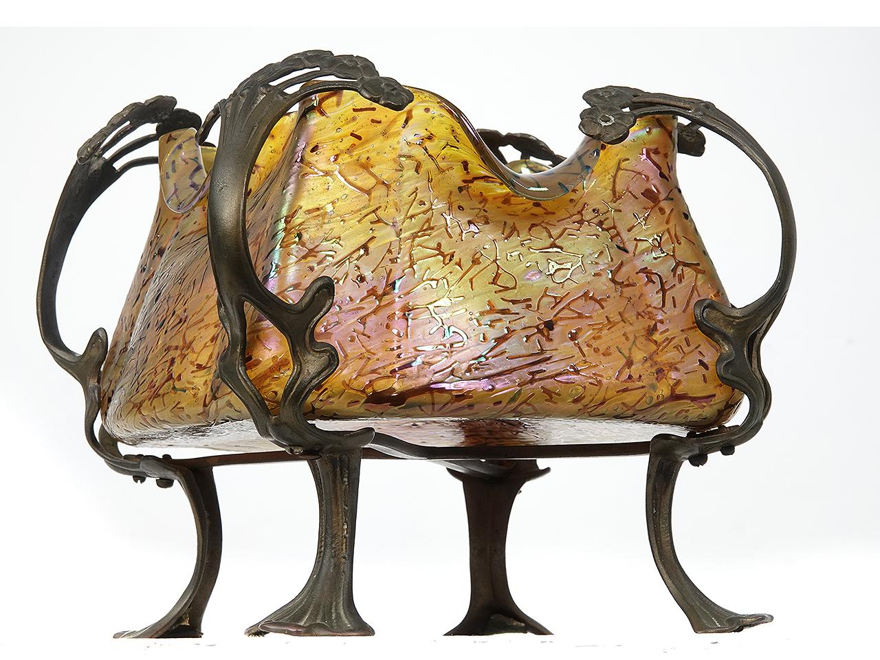 Art Nouveau Small Bronze Footed Art Glass Bowl - Loetz