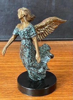 Small Bronze Icarus Sculpture "Blissful Angel" on Marble Base