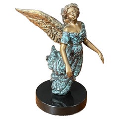 Small Bronze Icarus Sculpture "Blissful Angel" on Marble Base