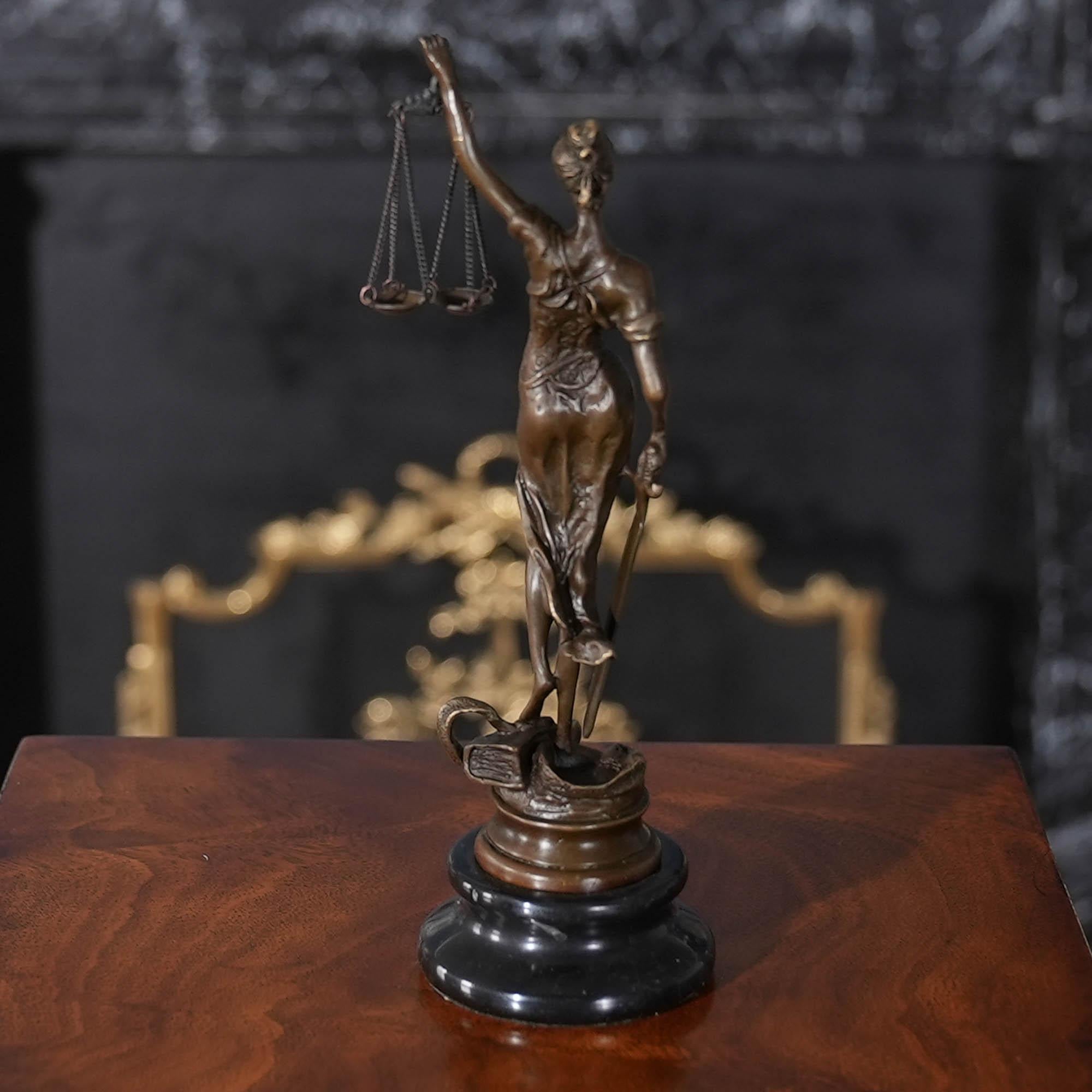 Small Bronze Justice with Scales on Marble Base For Sale 4