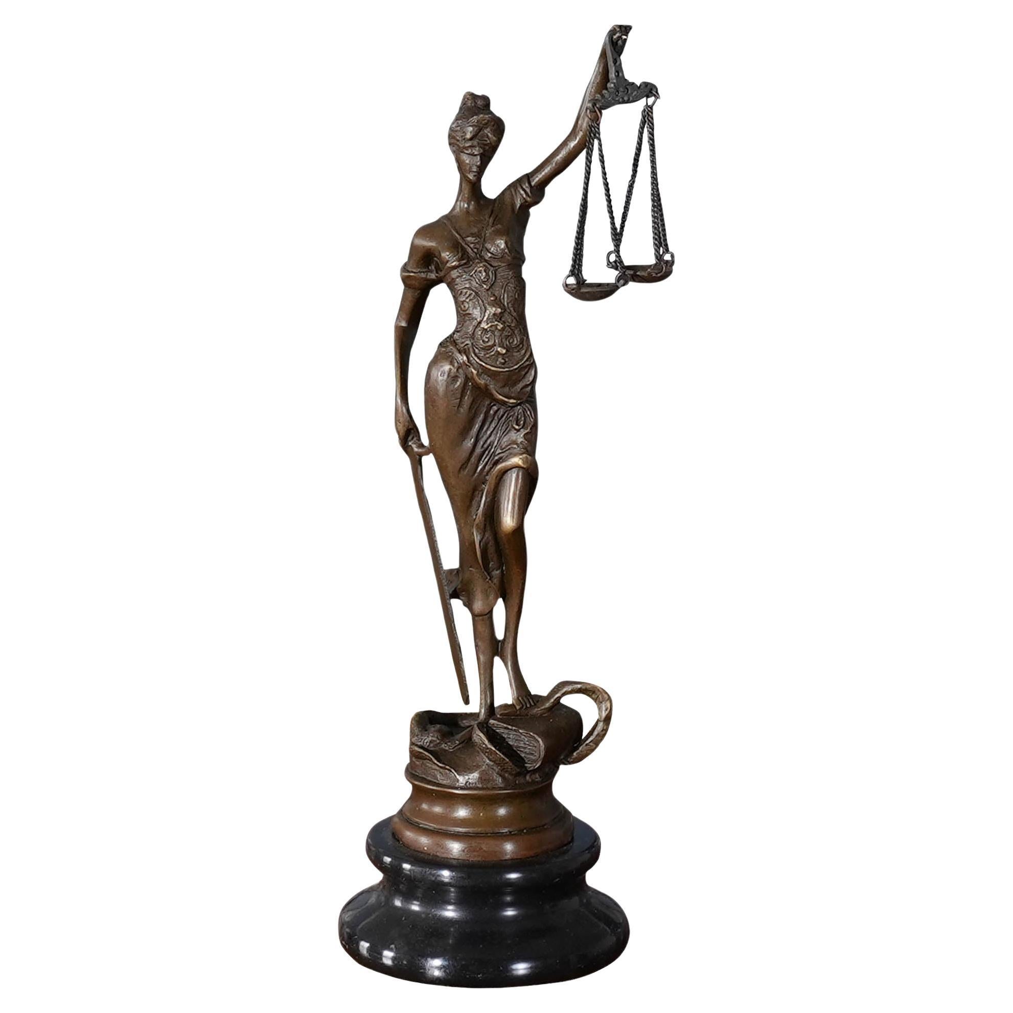 Small Bronze Justice with Scales on Marble Base For Sale