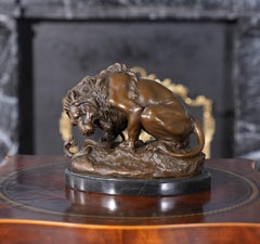 Small Bronze Lion and Snake on Marble Base