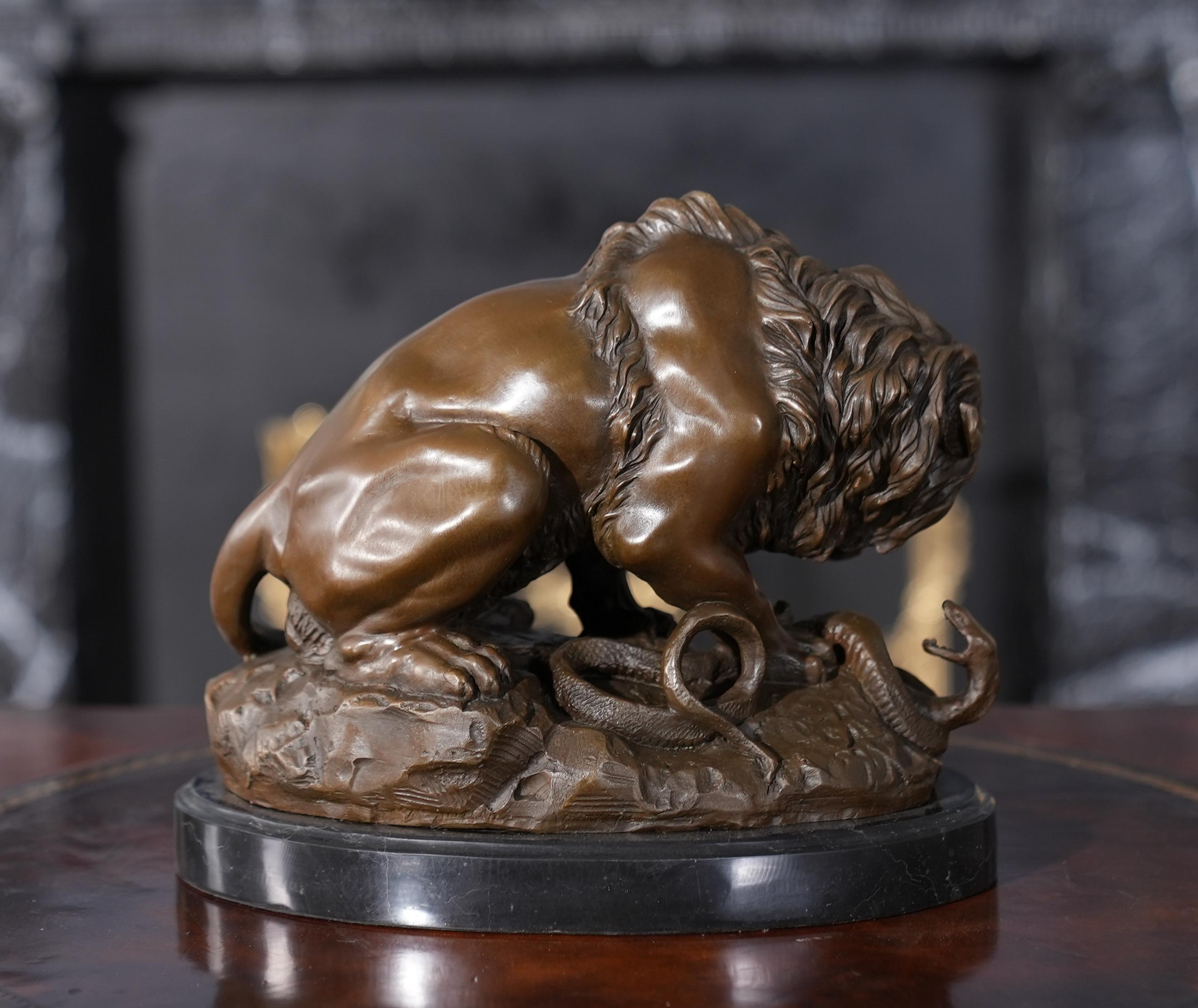 Small Bronze Lion and Snake on Marble Base  For Sale 1