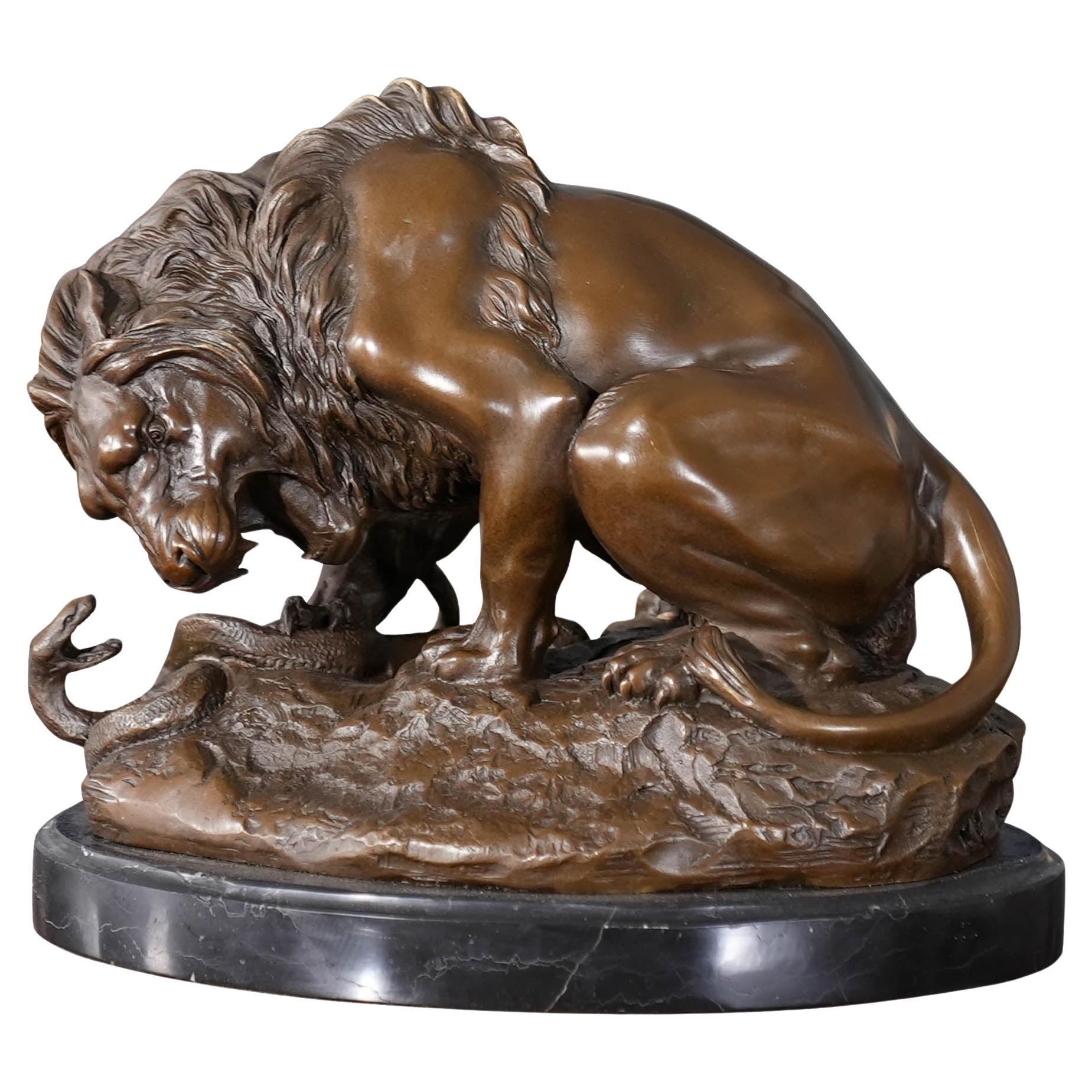 Small Bronze Lion and Snake on Marble Base 