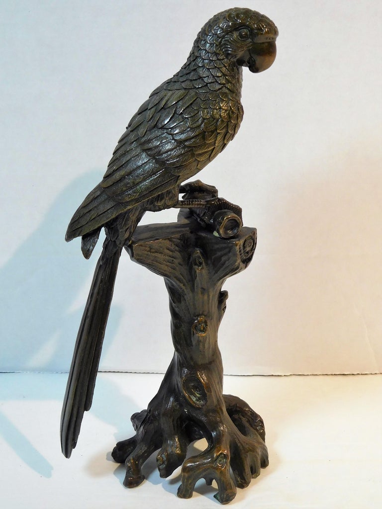 Small Bronze Parrot Sculpture on a TreeStump Perch, Austria, circa