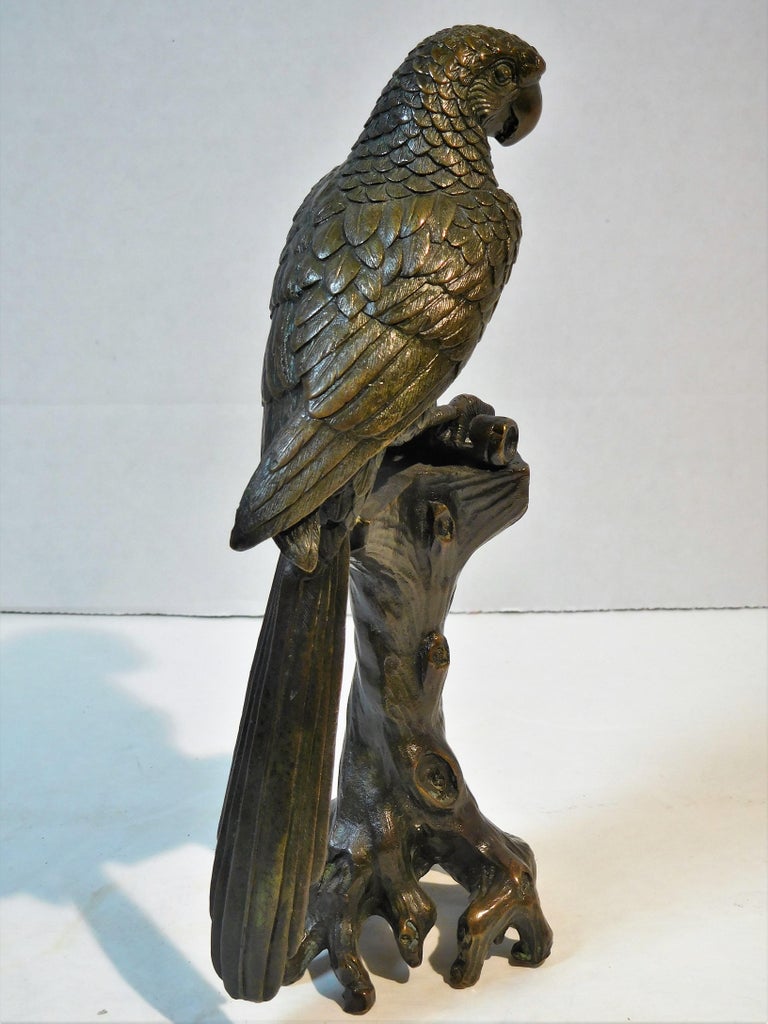 Small Bronze Parrot Sculpture on a TreeStump Perch, Austria, circa