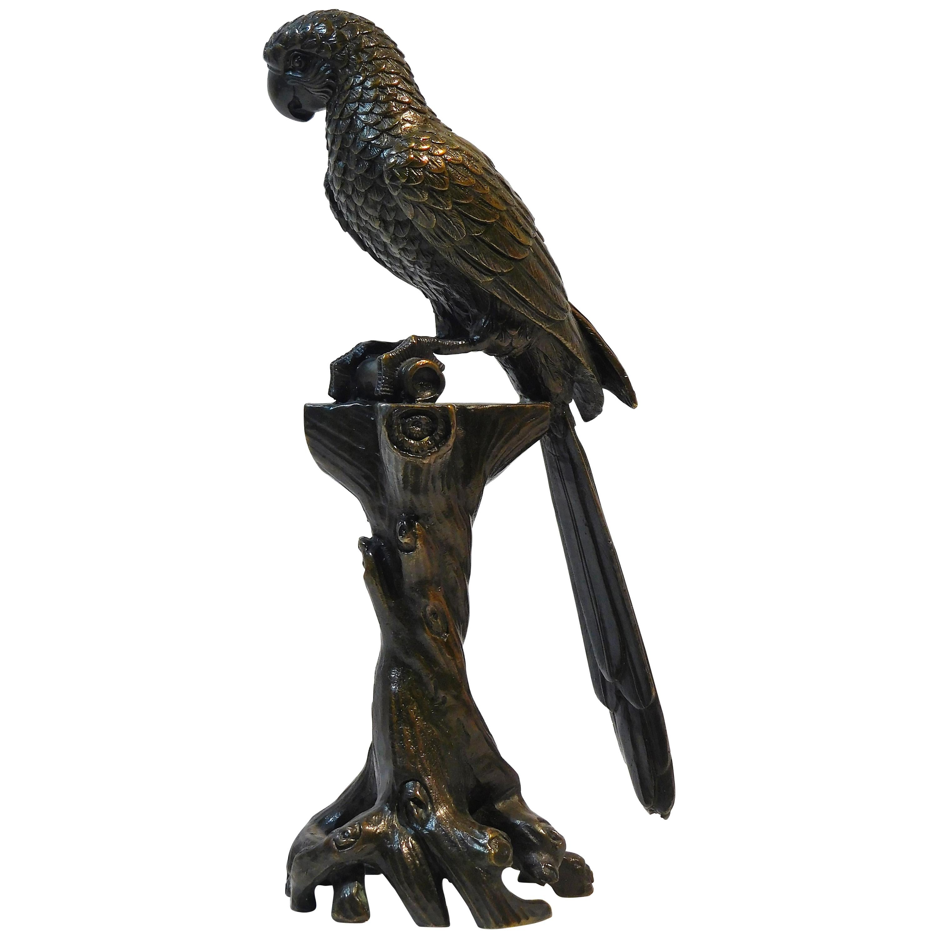 Small Bronze Parrot Sculpture on a Tree-Stump Perch, Austria, circa 1925