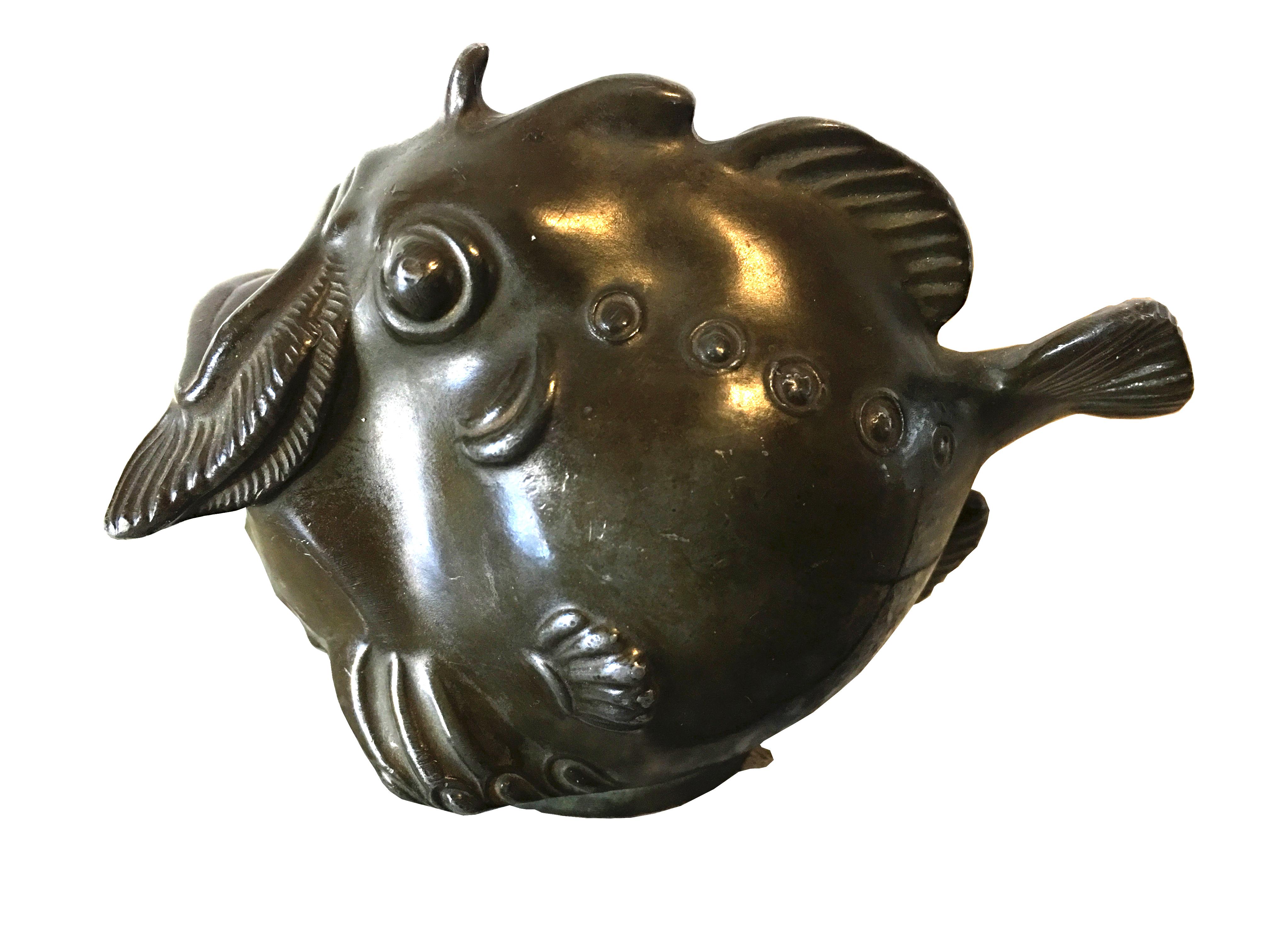Scandinavian Modern Small Bronze Patinated Grotesque Fish Sculpture by Just Andersen, Denmark