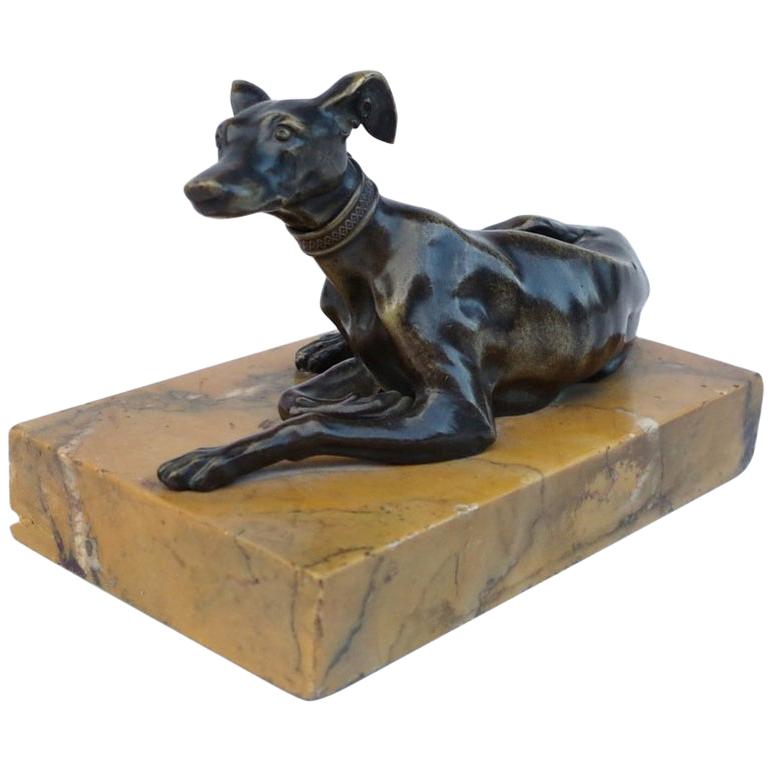 Small Bronze Reclining Whippet Sculpture, Late 19th Century