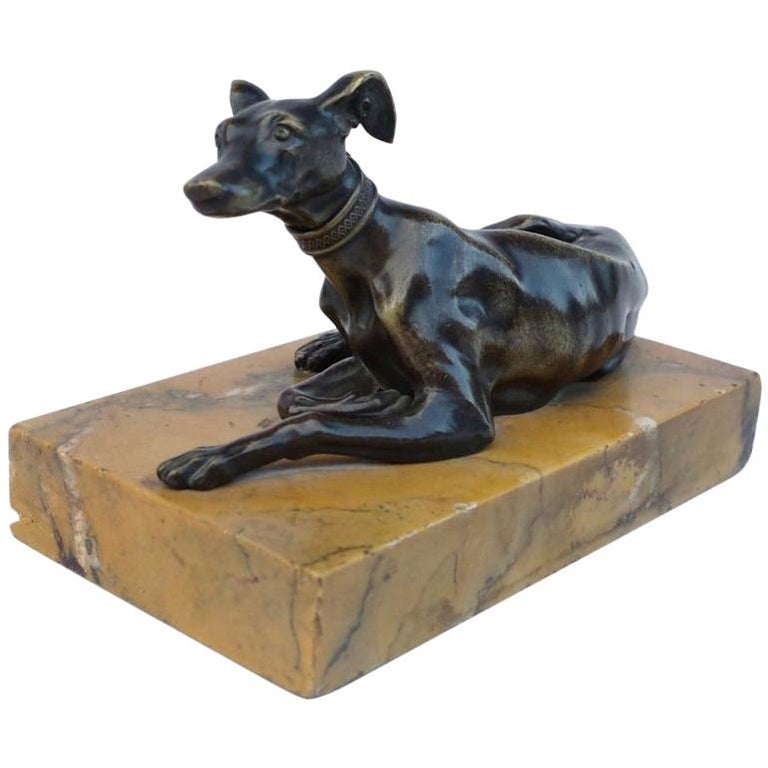 Small Bronze Reclining Whippet Sculpture, Late 19th Century For Sale at