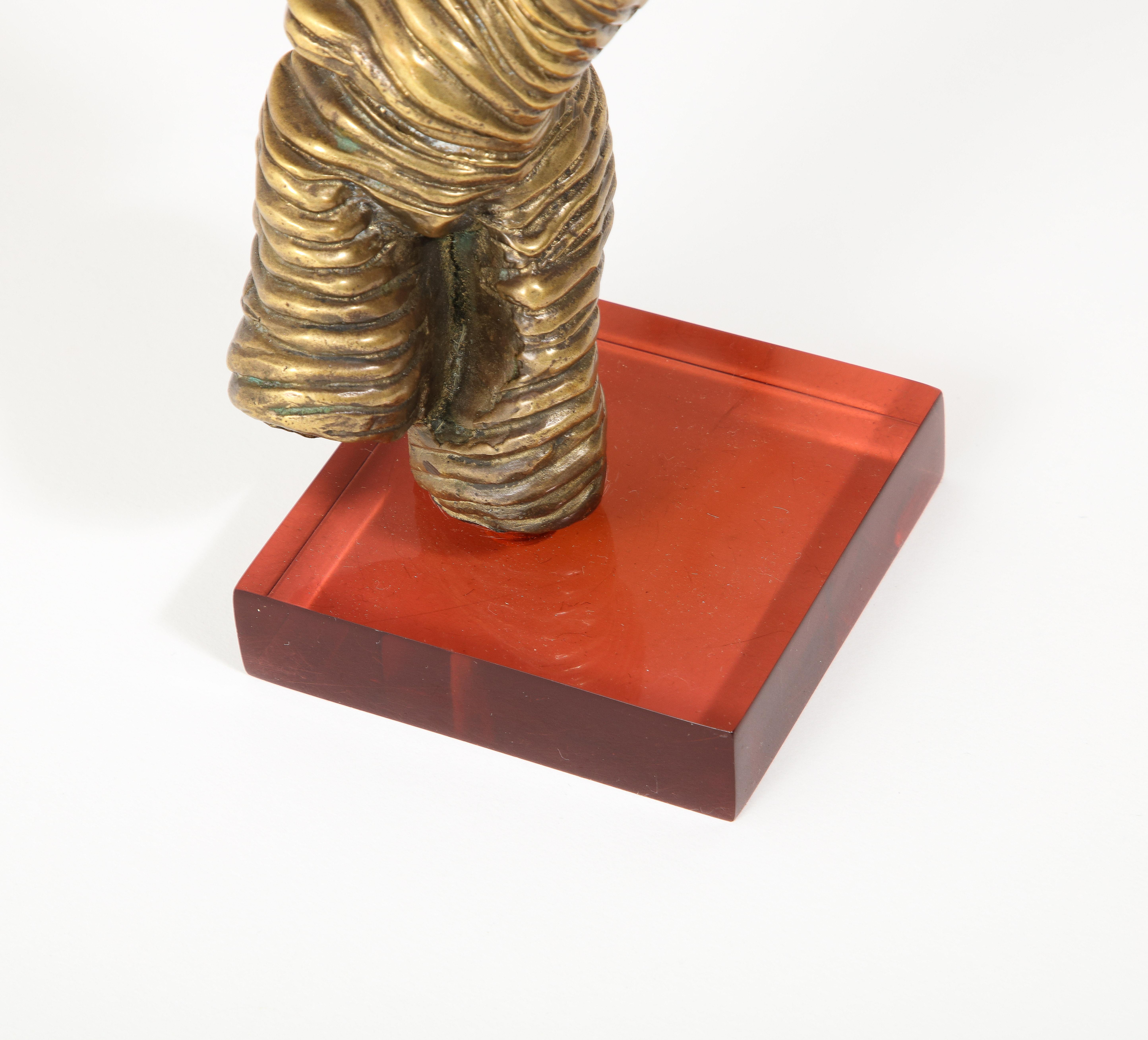 Small Bronze Ribbed Torquing Figure on Color Acrylic Base, France 1970's For Sale 3