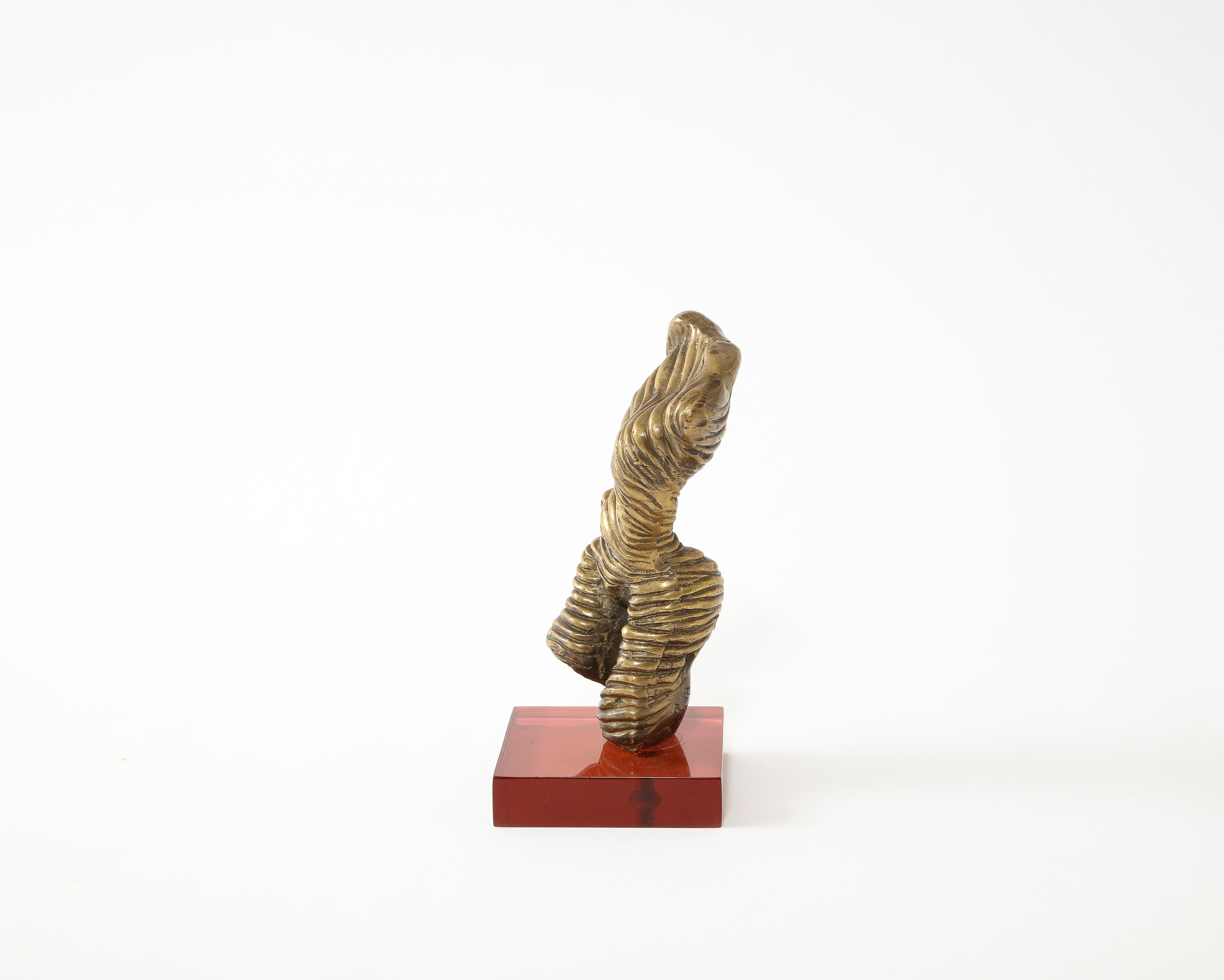 Neoclassical Small Bronze Ribbed Torquing Figure on Color Acrylic Base, France 1970's For Sale