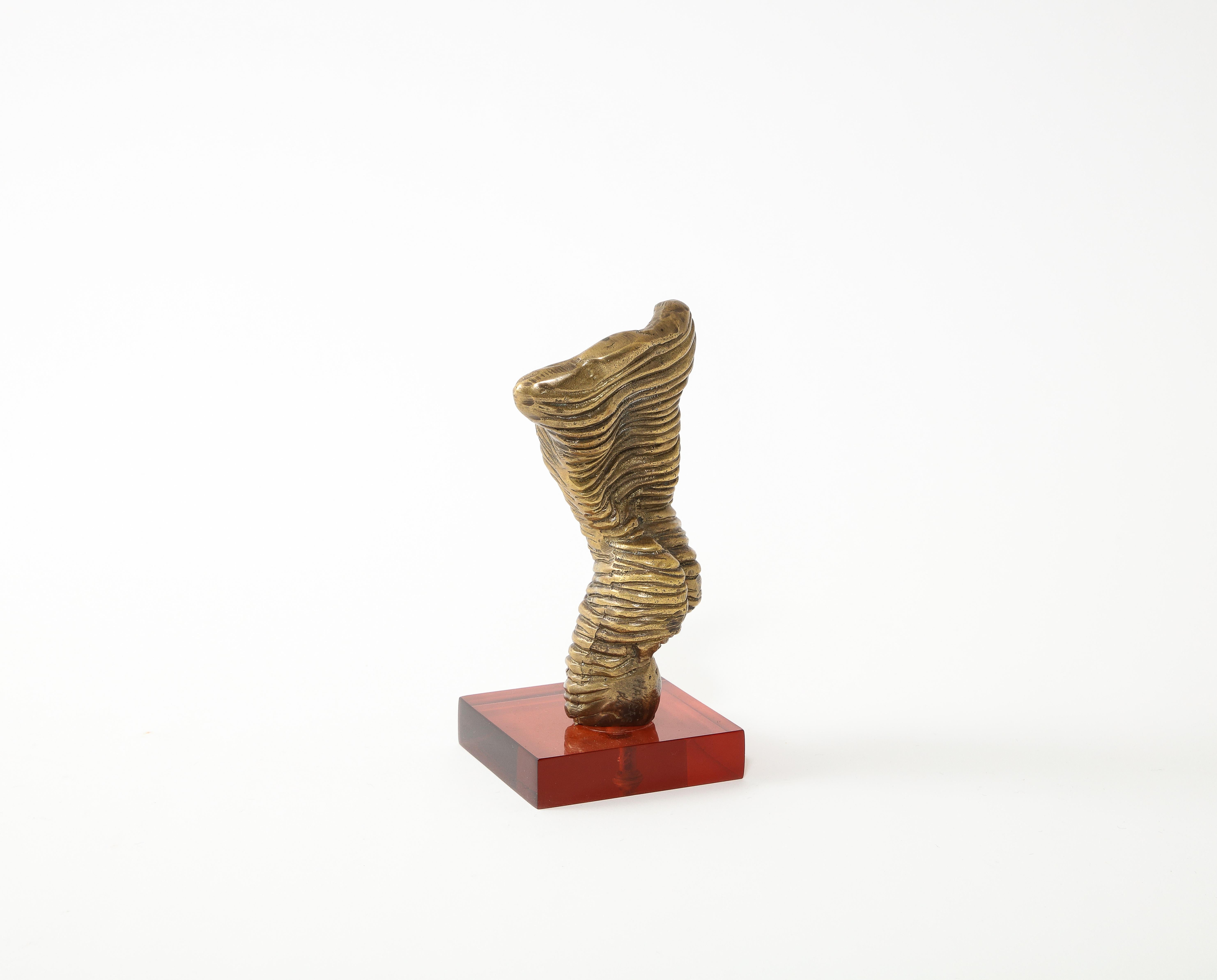 French Small Bronze Ribbed Torquing Figure on Color Acrylic Base, France 1970's For Sale