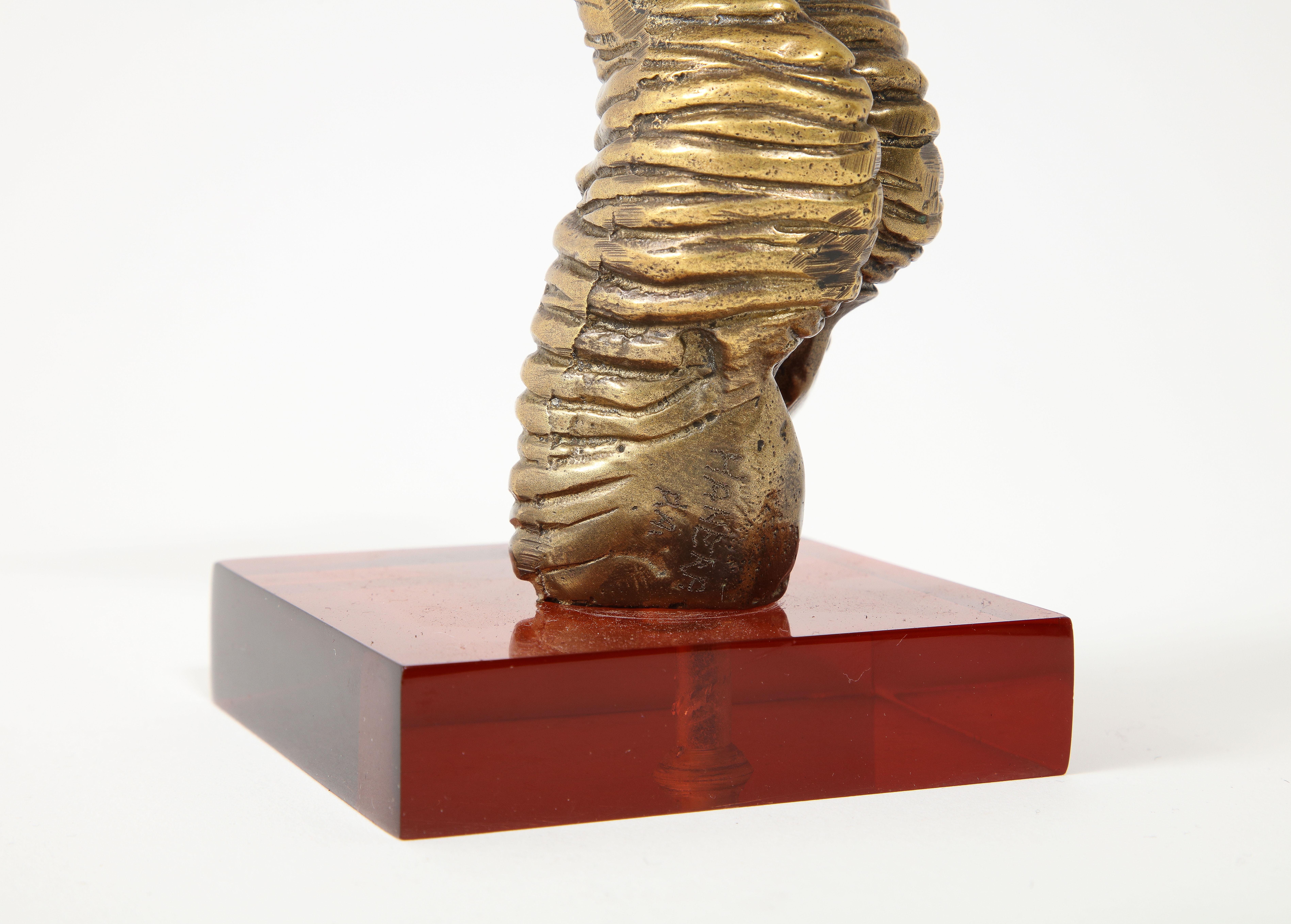 Small Bronze Ribbed Torquing Figure on Color Acrylic Base, France 1970's In Good Condition For Sale In New York, NY