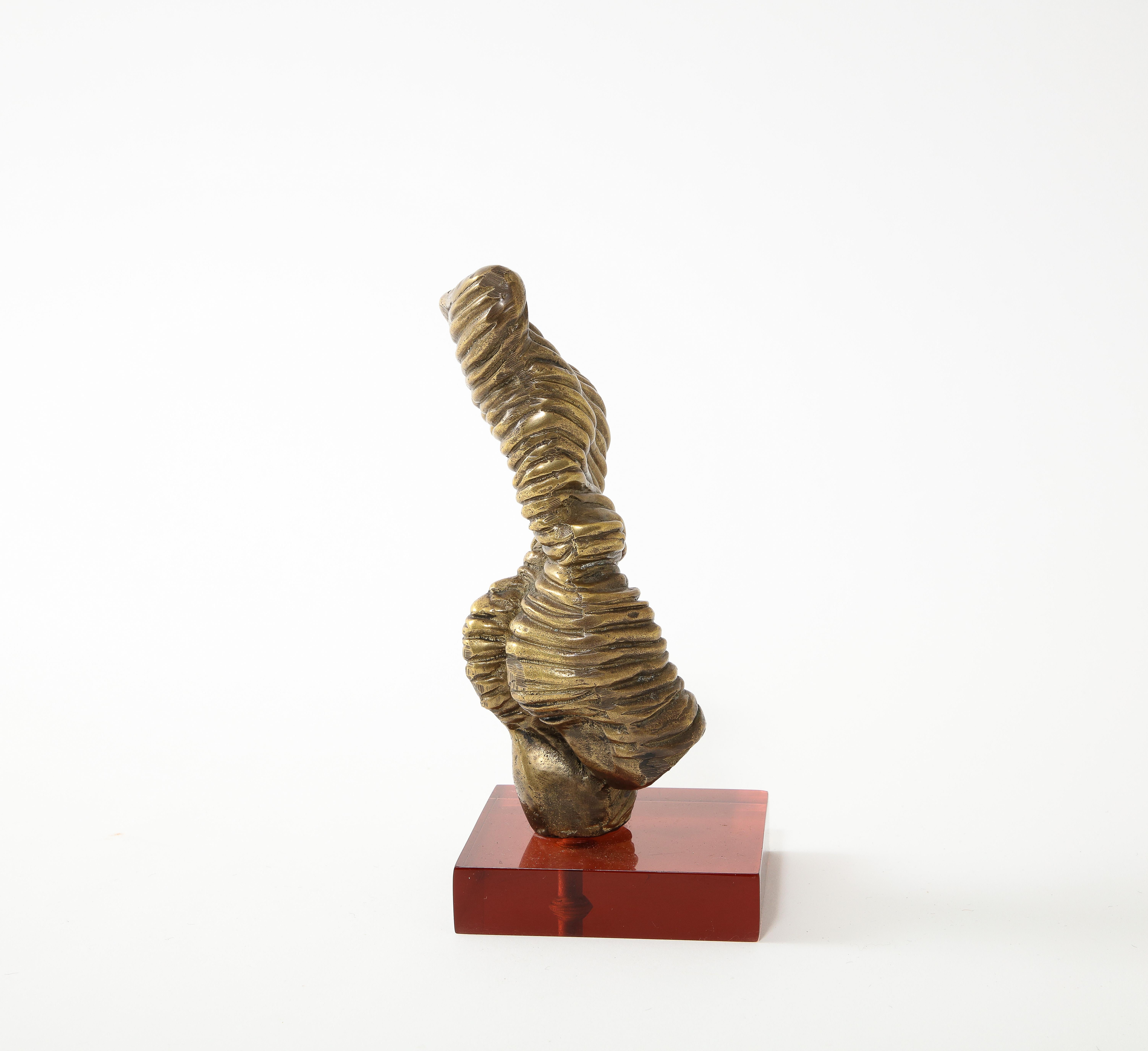 Late 20th Century Small Bronze Ribbed Torquing Figure on Color Acrylic Base, France 1970's For Sale