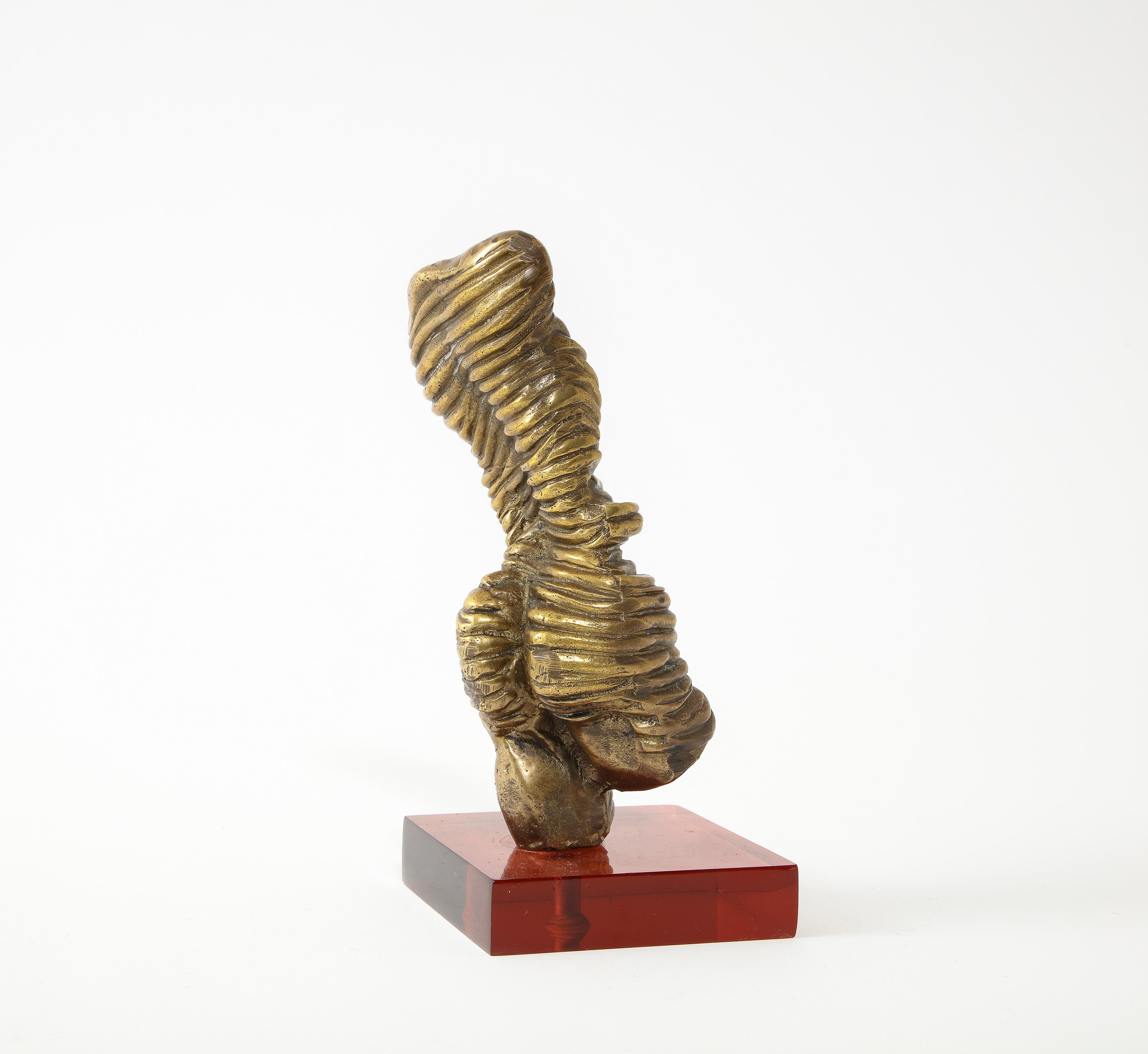 Small Bronze Ribbed Torquing Figure on Color Acrylic Base, France 1970's For Sale 1