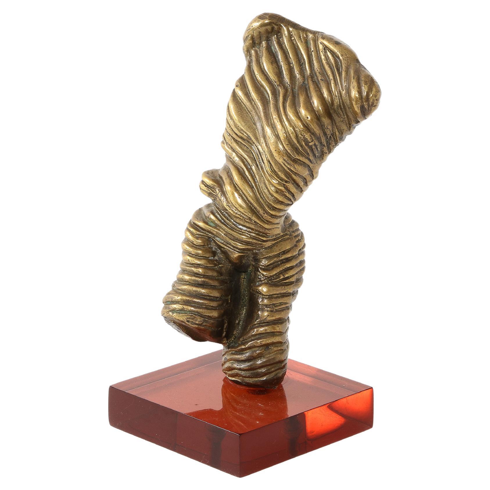 Small Bronze Ribbed Torquing Figure on Color Acrylic Base, France 1970's