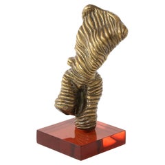 Vintage Small Bronze Ribbed Torquing Figure on Color Acrylic Base, France 1970's