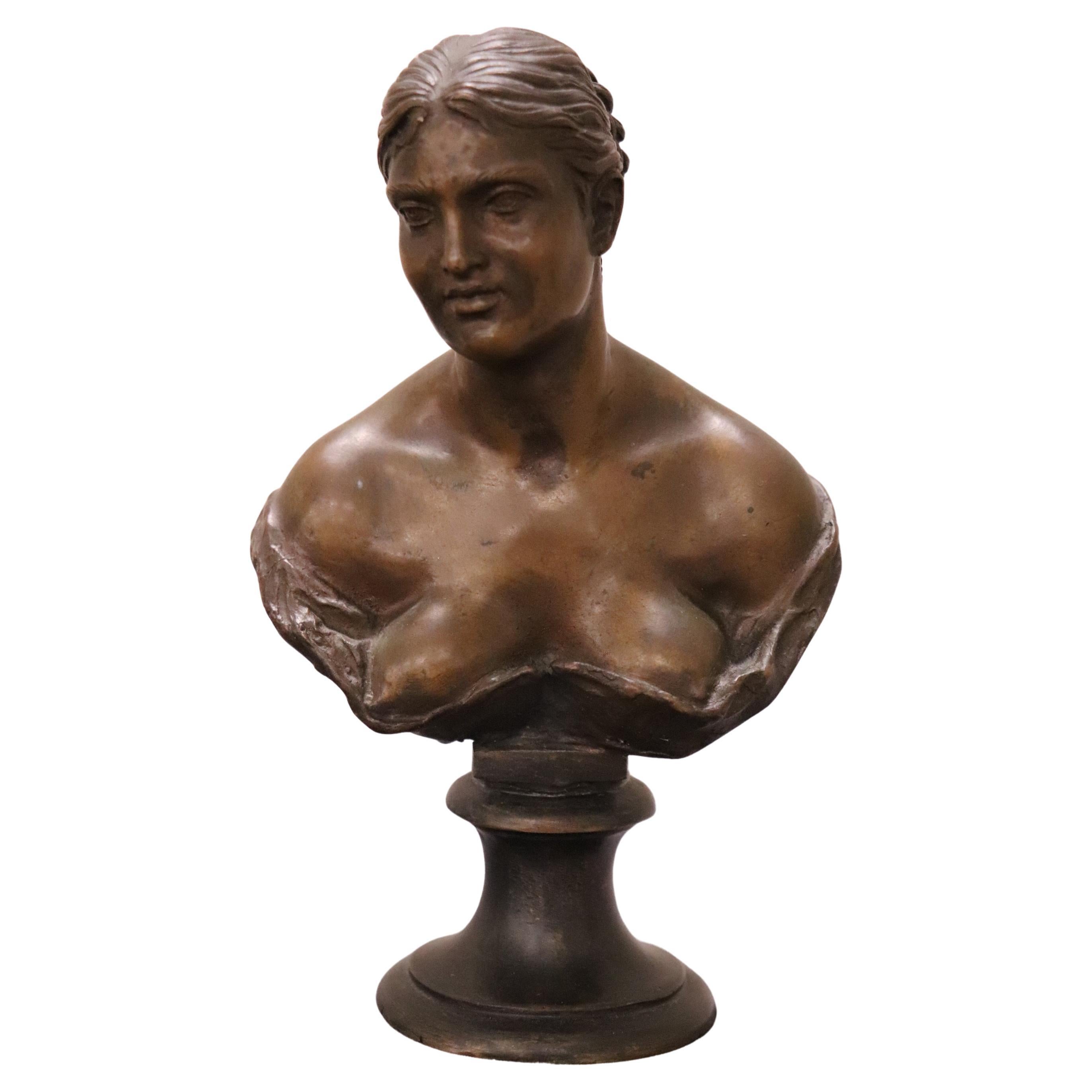 Small Bronze Sculpture Signed Gemito, Bust of a Young Woman