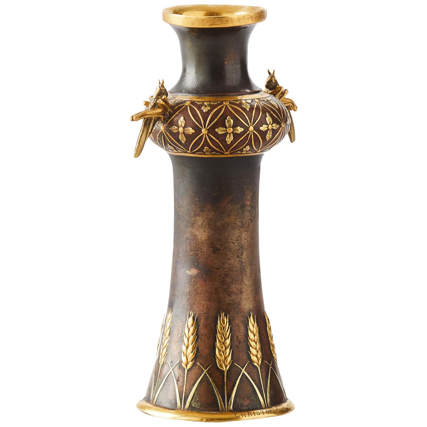Small Bronze Vase French Art Nouveau, Christofle et Cie by Emilé Reiber For Sale