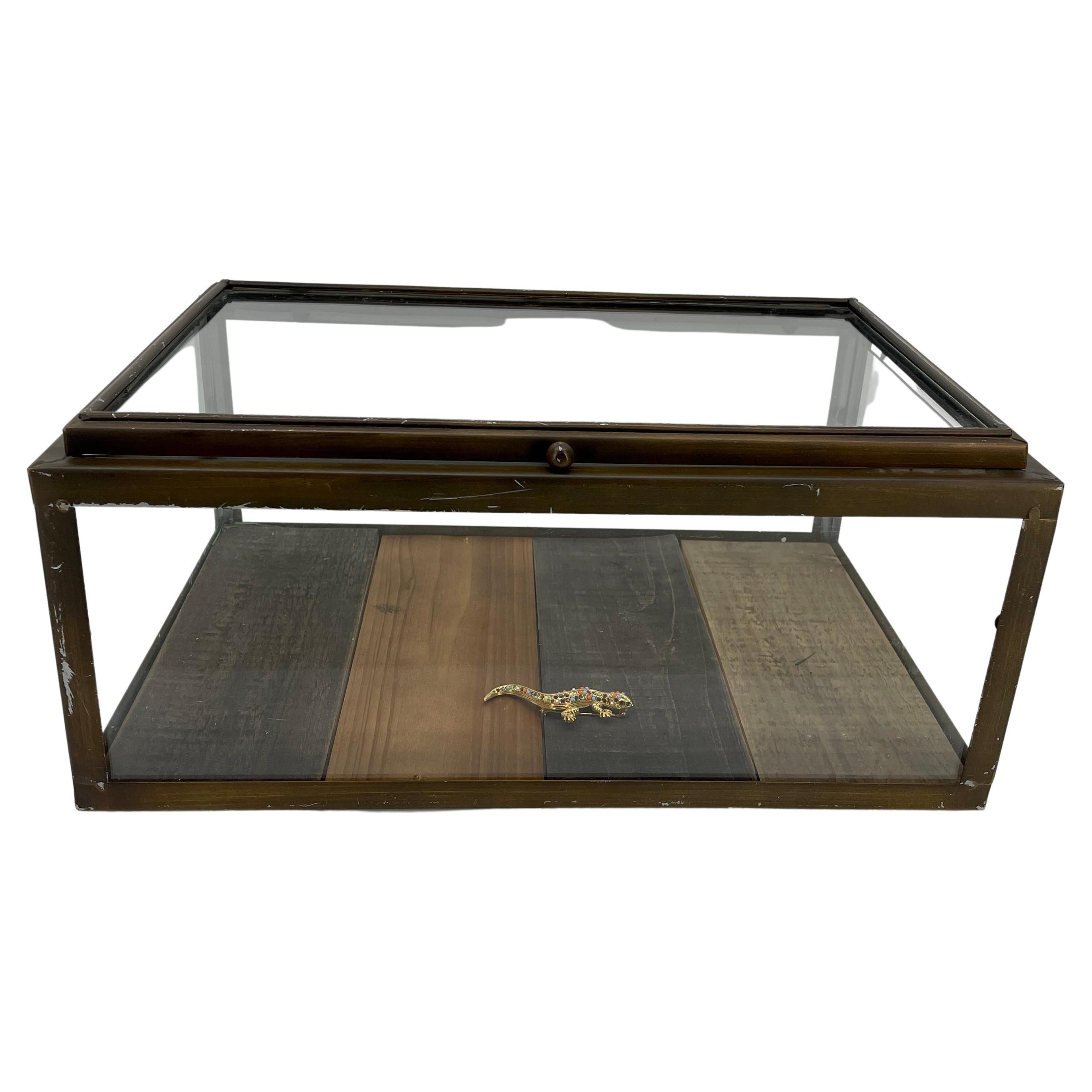 Small rectangular table display case vitrine for showcasing smalls.
The case opens with the top lifting upwards.
The worn out base has been replaced with 4 pieces.