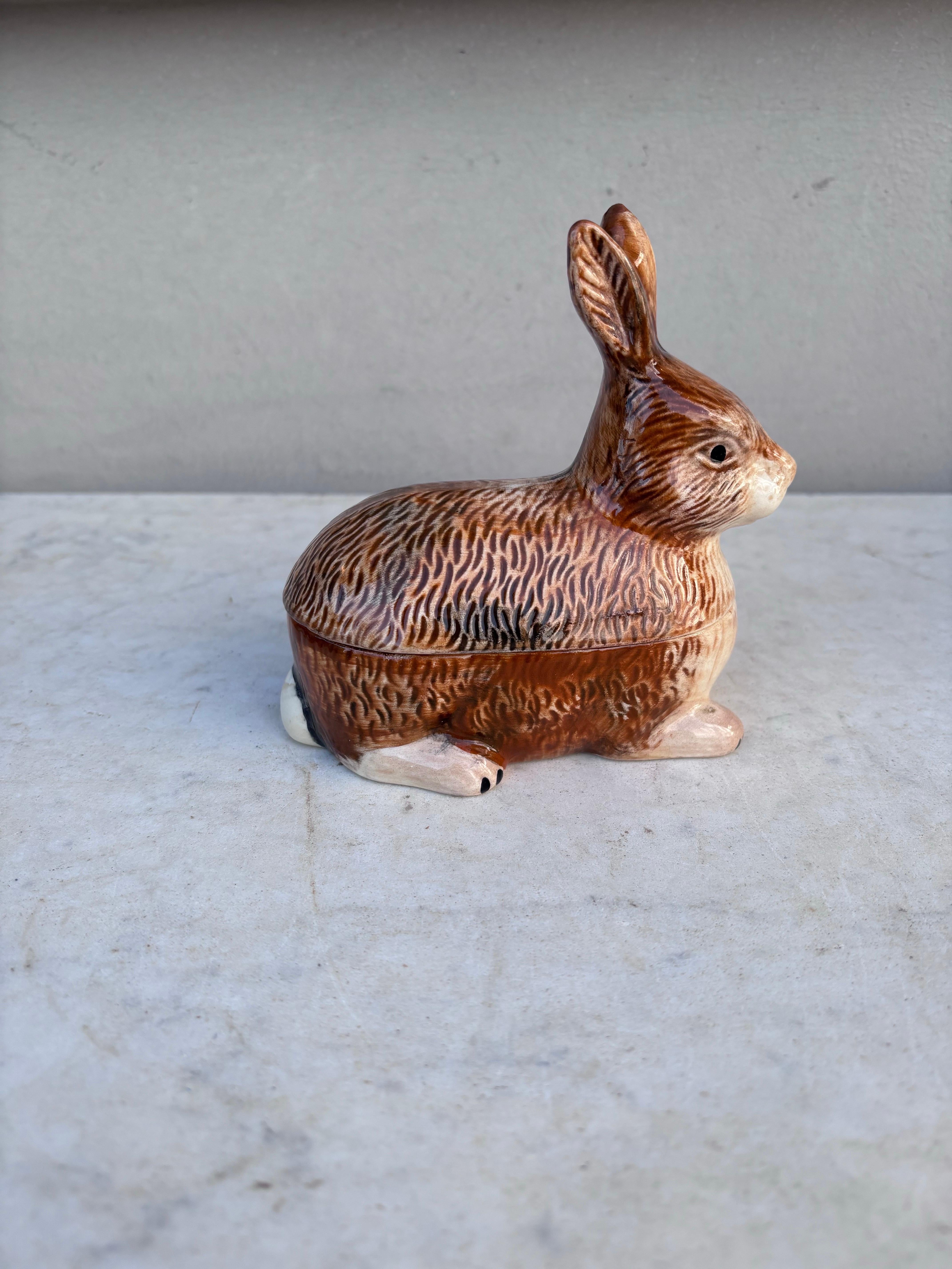 Small Majolica rabbit tureen signed Caugant, circa 1940-1950.