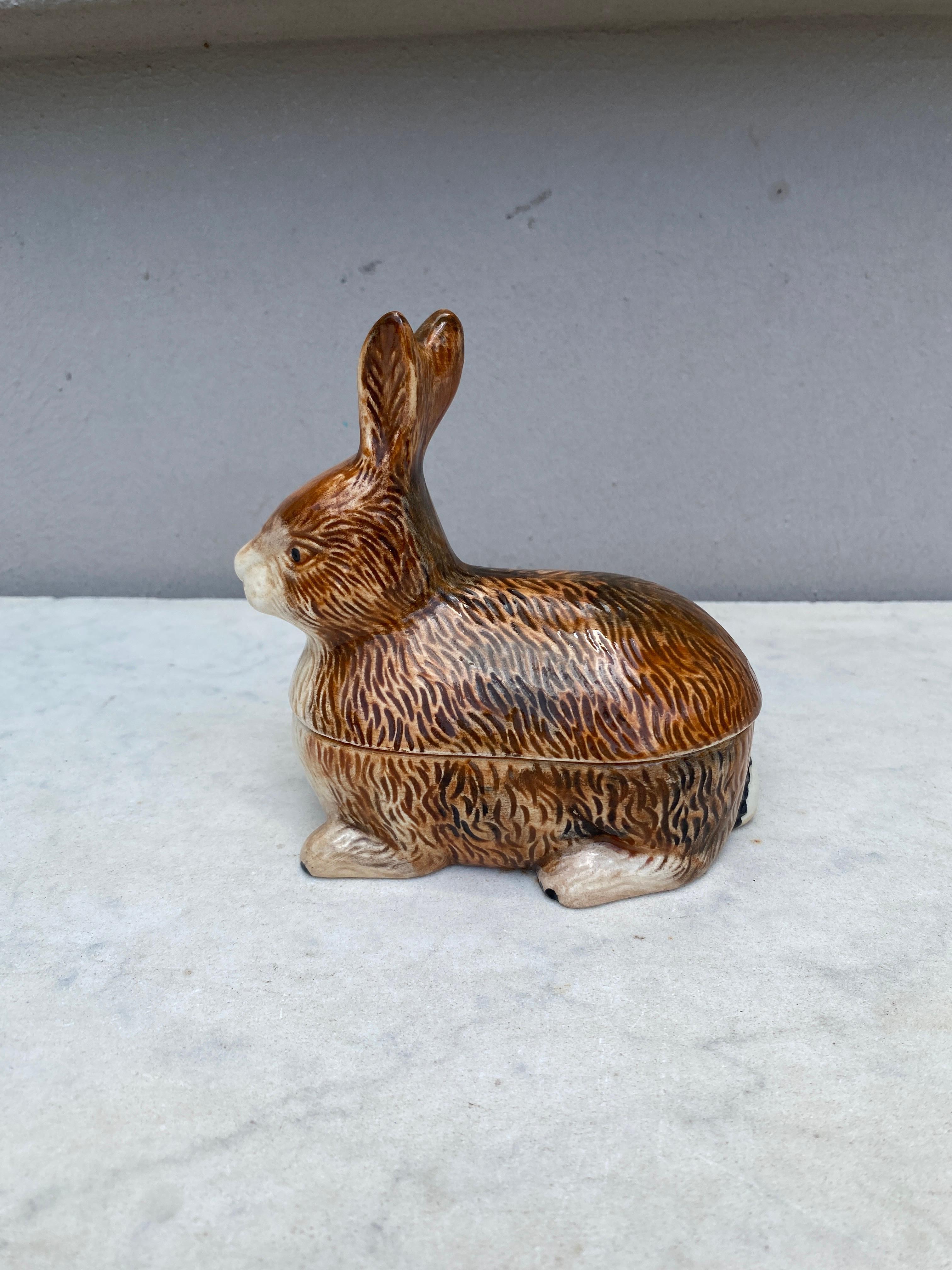 Small Majolica rabbit tureen signed Caugant, circa 1940-1950.