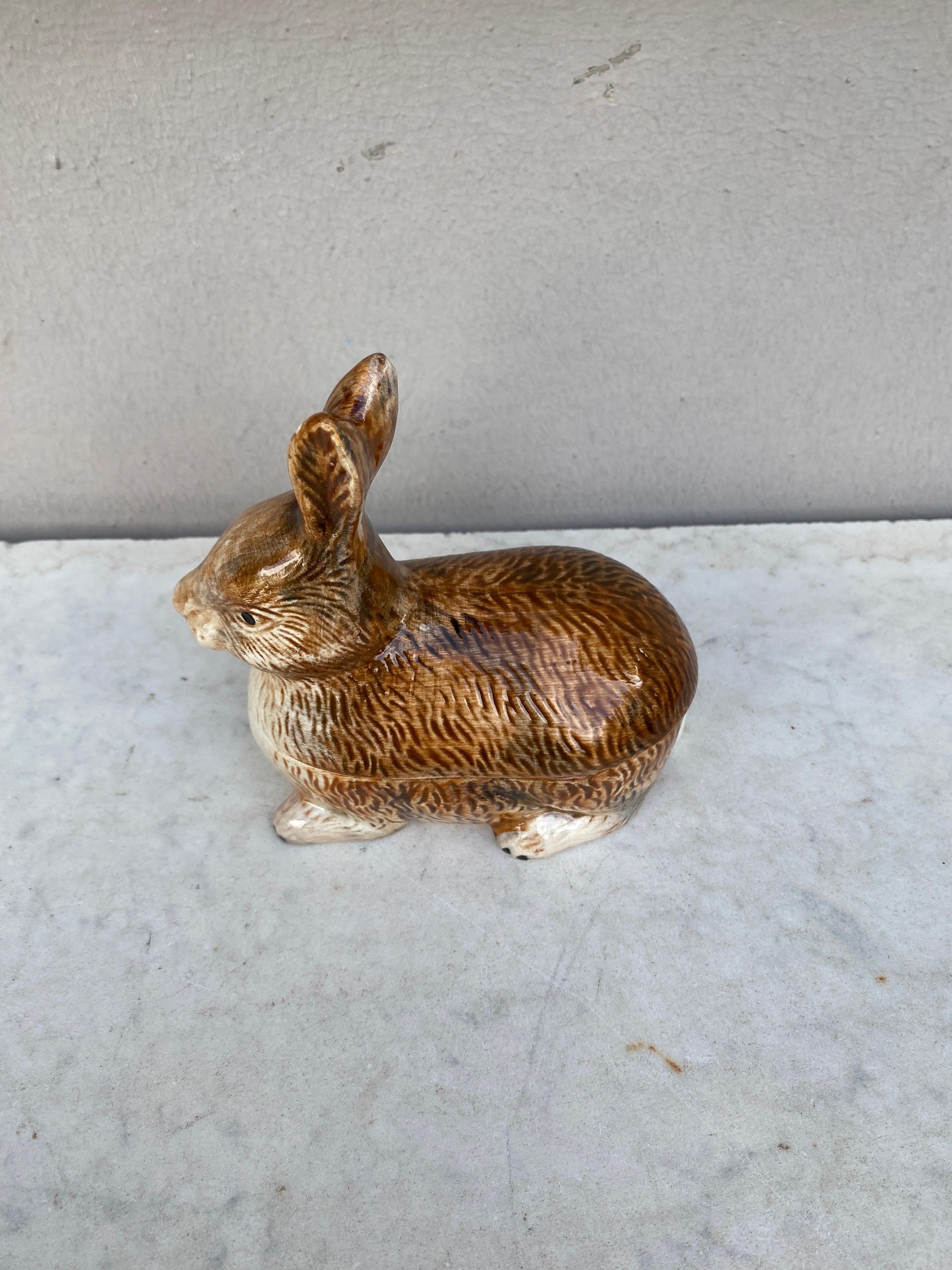 Small Majolica rabbit tureen signed Caugant, circa 1940-1950.