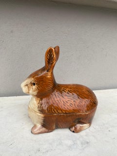 Small Brown Majolica Rabbit Tureen Caugant