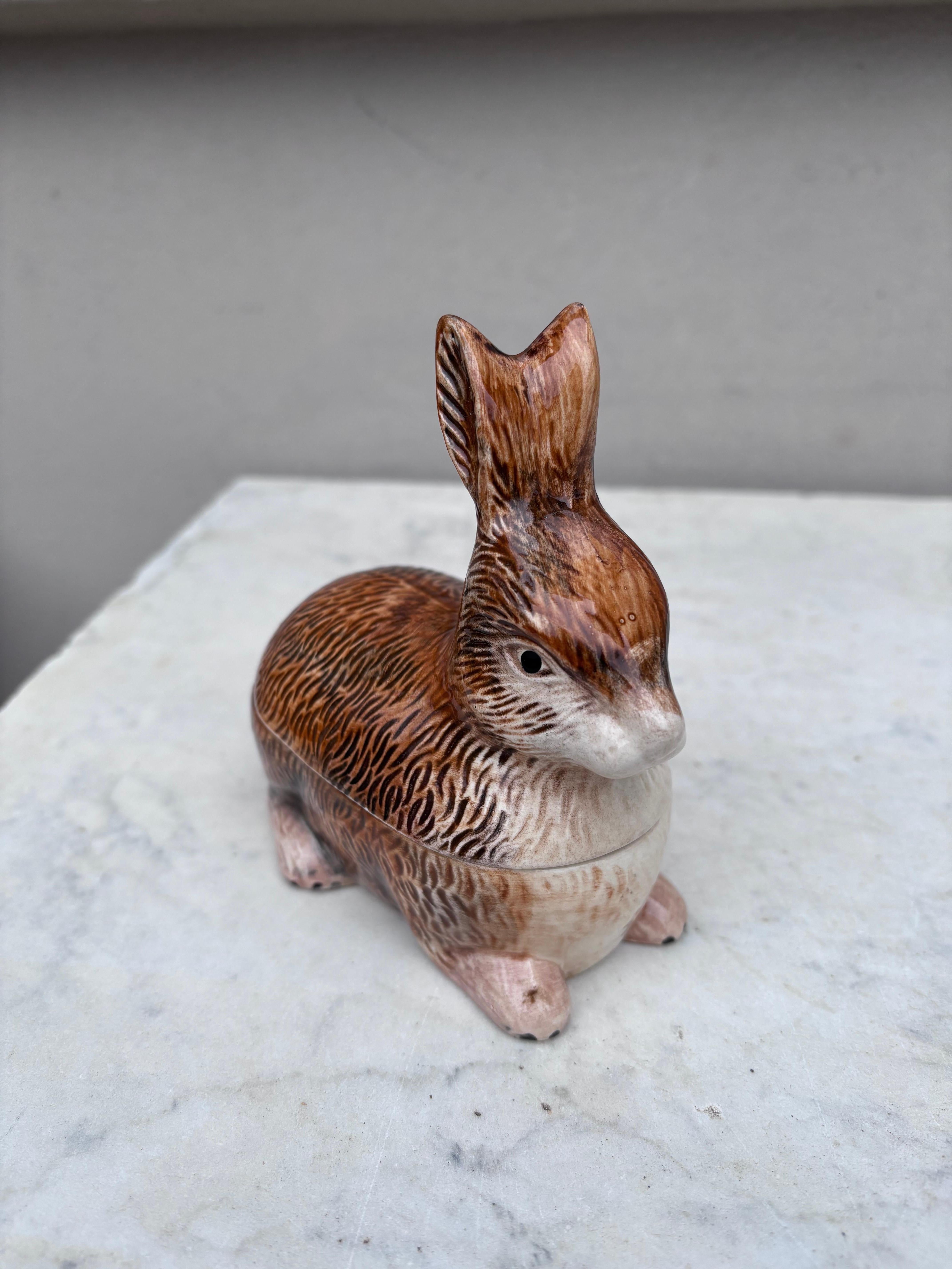 Small Majolica rabbit tureen signed Caugant, circa 1940-1950.