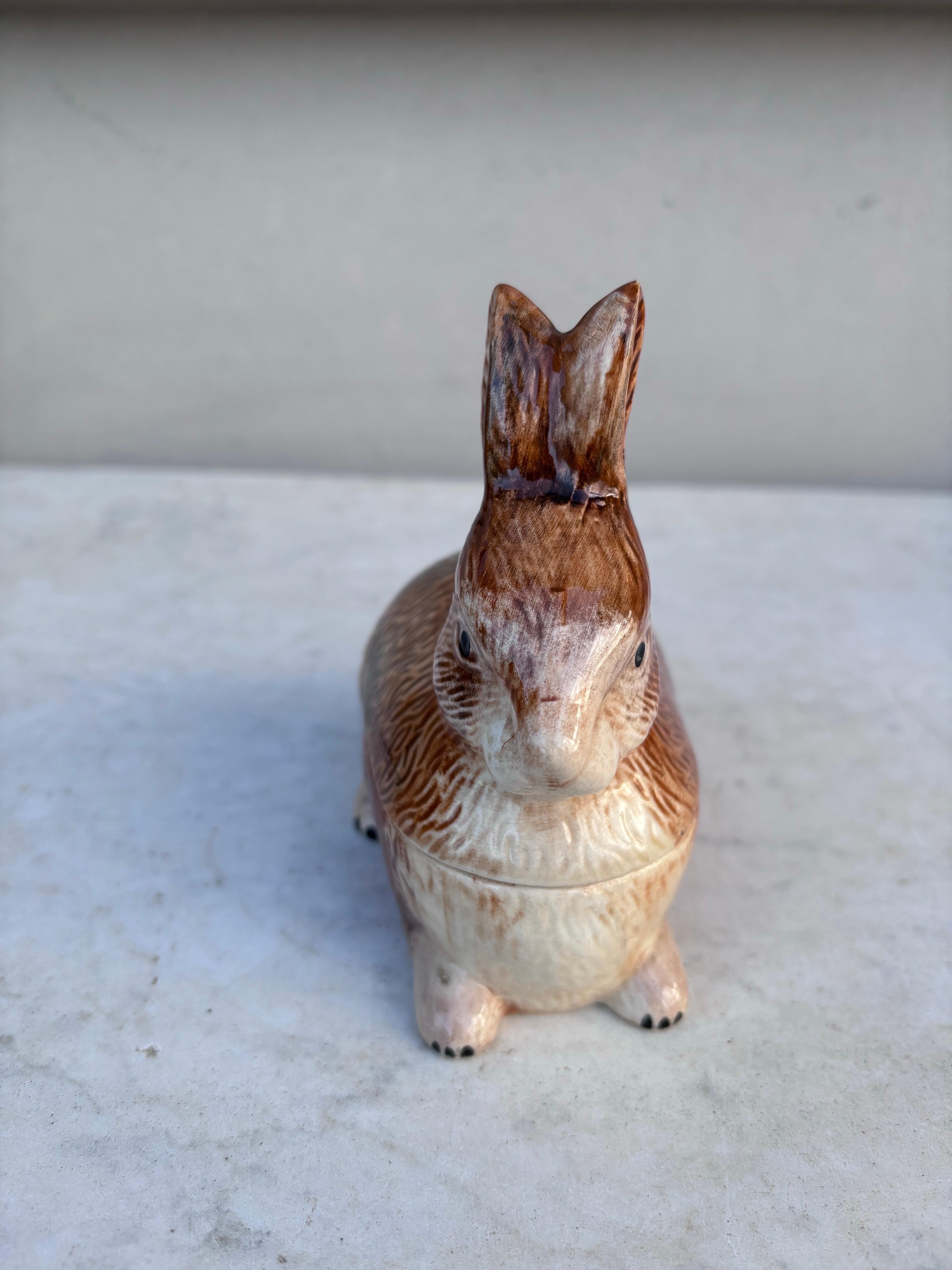 Country Small Brown Majolica Rabbit Tureen Caugant