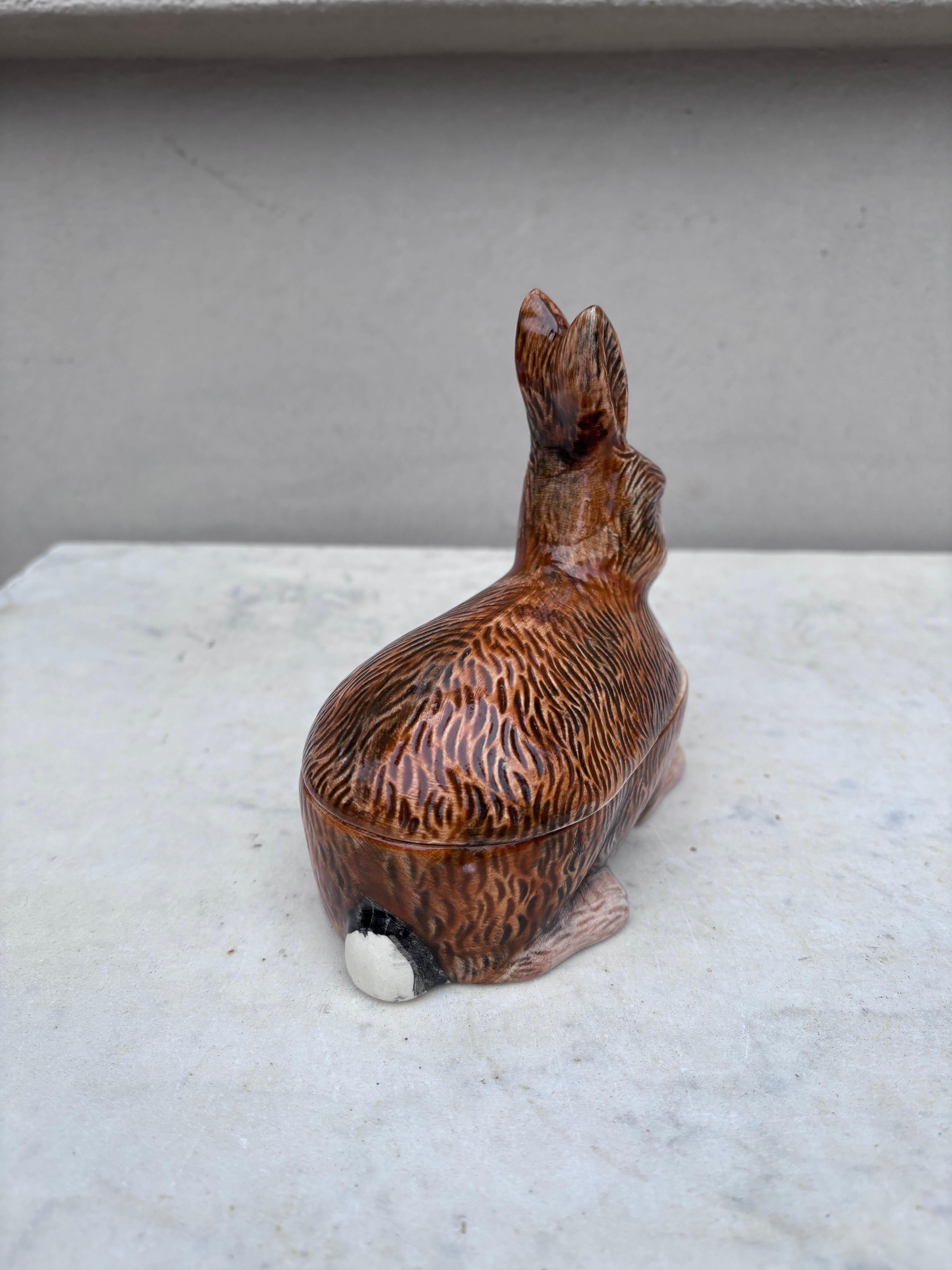Country Small Brown Majolica Rabbit Tureen Caugant